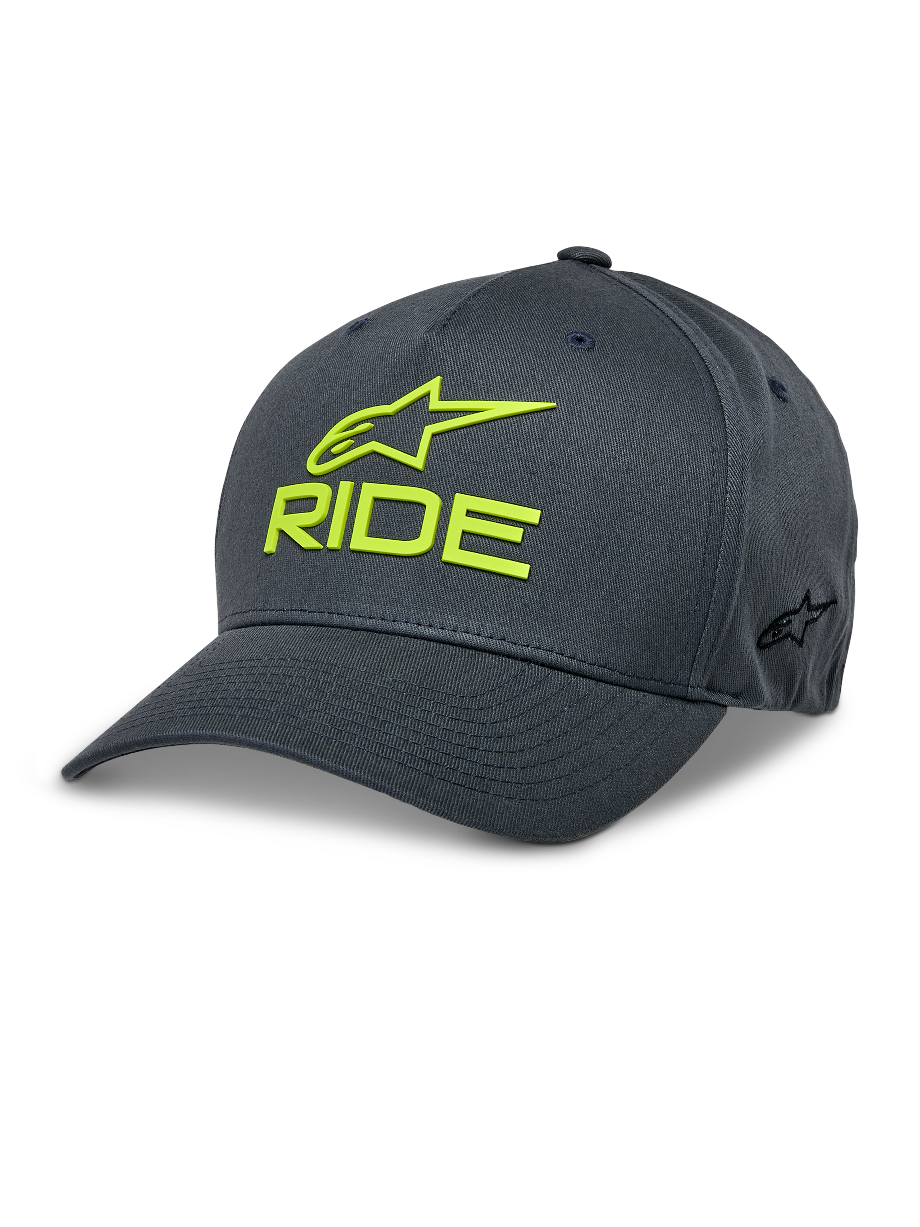 Alpinestars Ride Sonic Hat, donkergrijze en felgele baseballcap, 3D-geborduurd RIDE- en sterlogo, gebogen klep, gestructureerde kroon, casual motorsport-hoofdbedekking van stretch twill