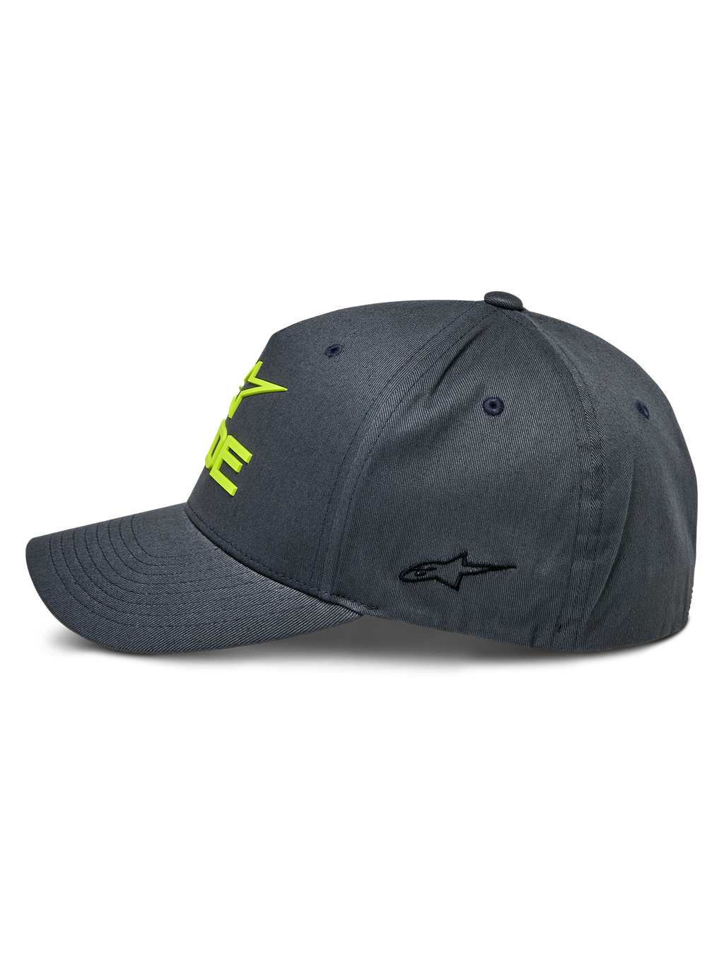 Alpinestars Ride Sonic pet, antraciet en Hi-Vis geel, zijprofiel met gebogen klep en gestructureerde kroon, 3D-geborduurd geel logo op de voorzijde en klein zwart sterlogo op het zijpaneel, casual motorsport pet