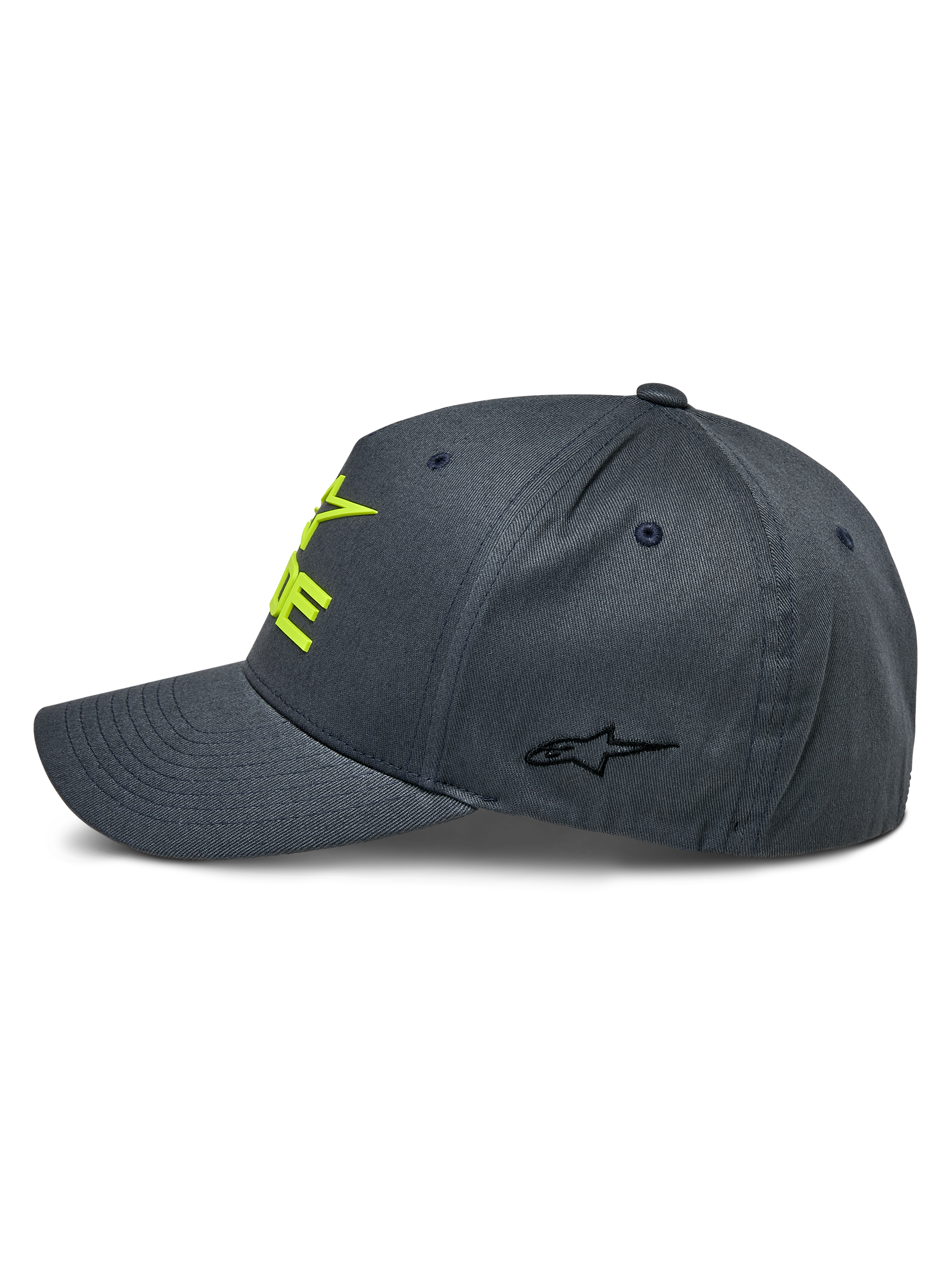 Alpinestars Ride Sonic pet, antraciet en Hi-Vis geel, zijprofiel met gebogen klep en gestructureerde kroon, 3D-geborduurd geel logo op de voorzijde en klein zwart sterlogo op het zijpaneel, casual motorsport pet