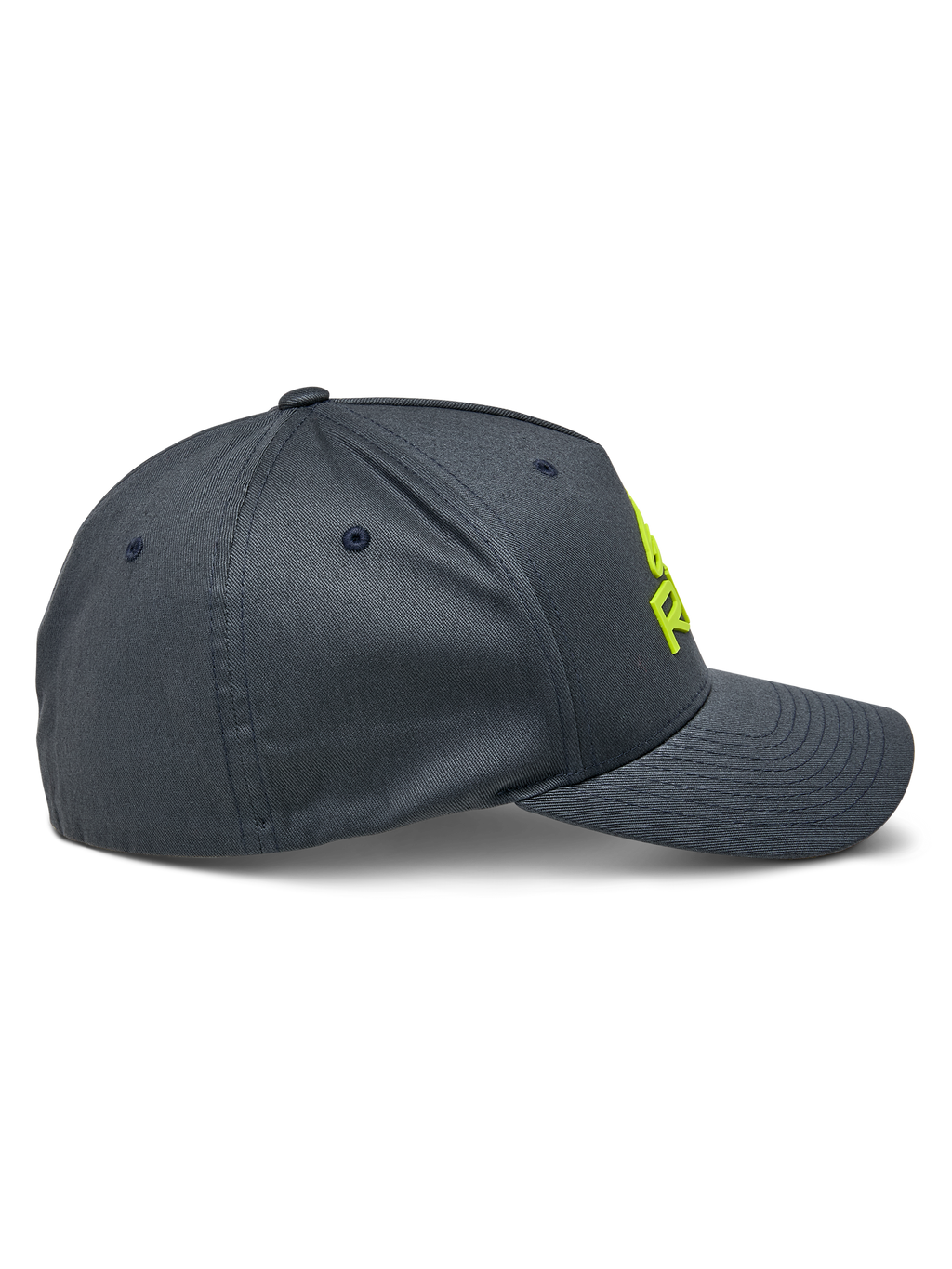 Alpinestars Ride Sonic pet, zijaanzicht, antracietgrijs met hi-vis geel 3D geborduurd logo, gebogen klep en gestructureerde kroon, casual motorsport hoofdbedekking van stretch keperstof