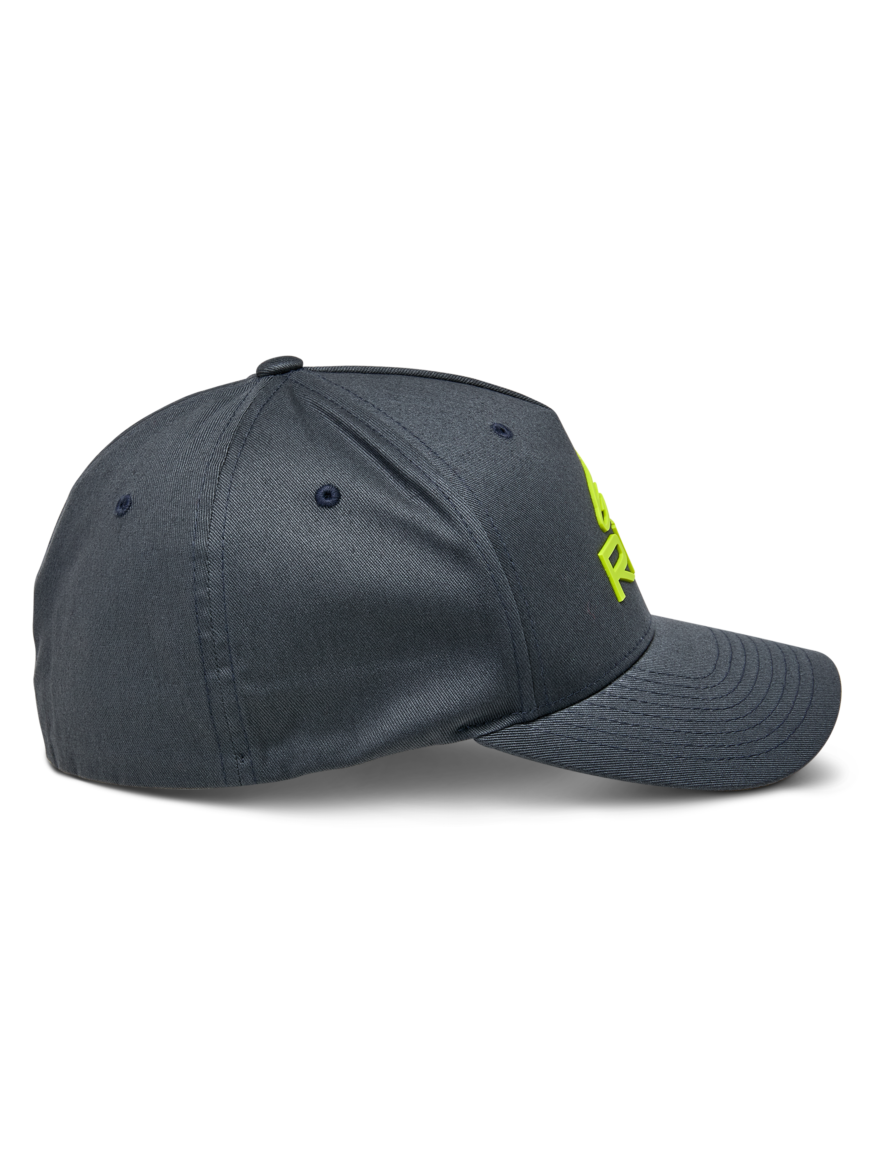 Alpinestars Ride Sonic pet, zijaanzicht, antracietgrijs met hi-vis geel 3D geborduurd logo, gebogen klep en gestructureerde kroon, casual motorsport hoofdbedekking van stretch keperstof