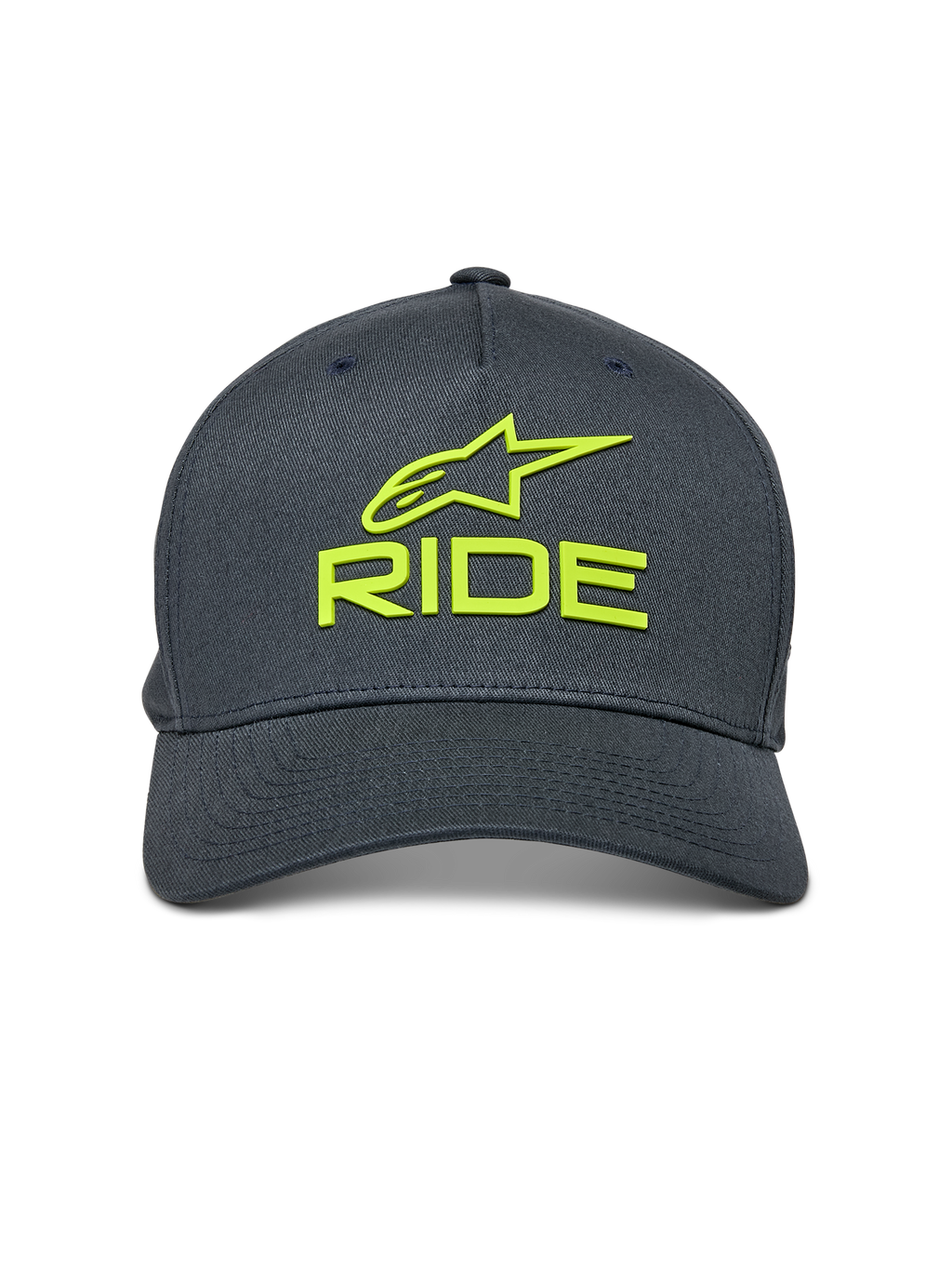 Alpinestars Ride Sonic pet, antracietgrijs met Hi-Vis geel, 3D-geborduurd Alpinestars-logo en RIDE-tekst, gebogen klep, gestructureerde kroon, casual motorsport-geïnspireerde hoofdbedekking