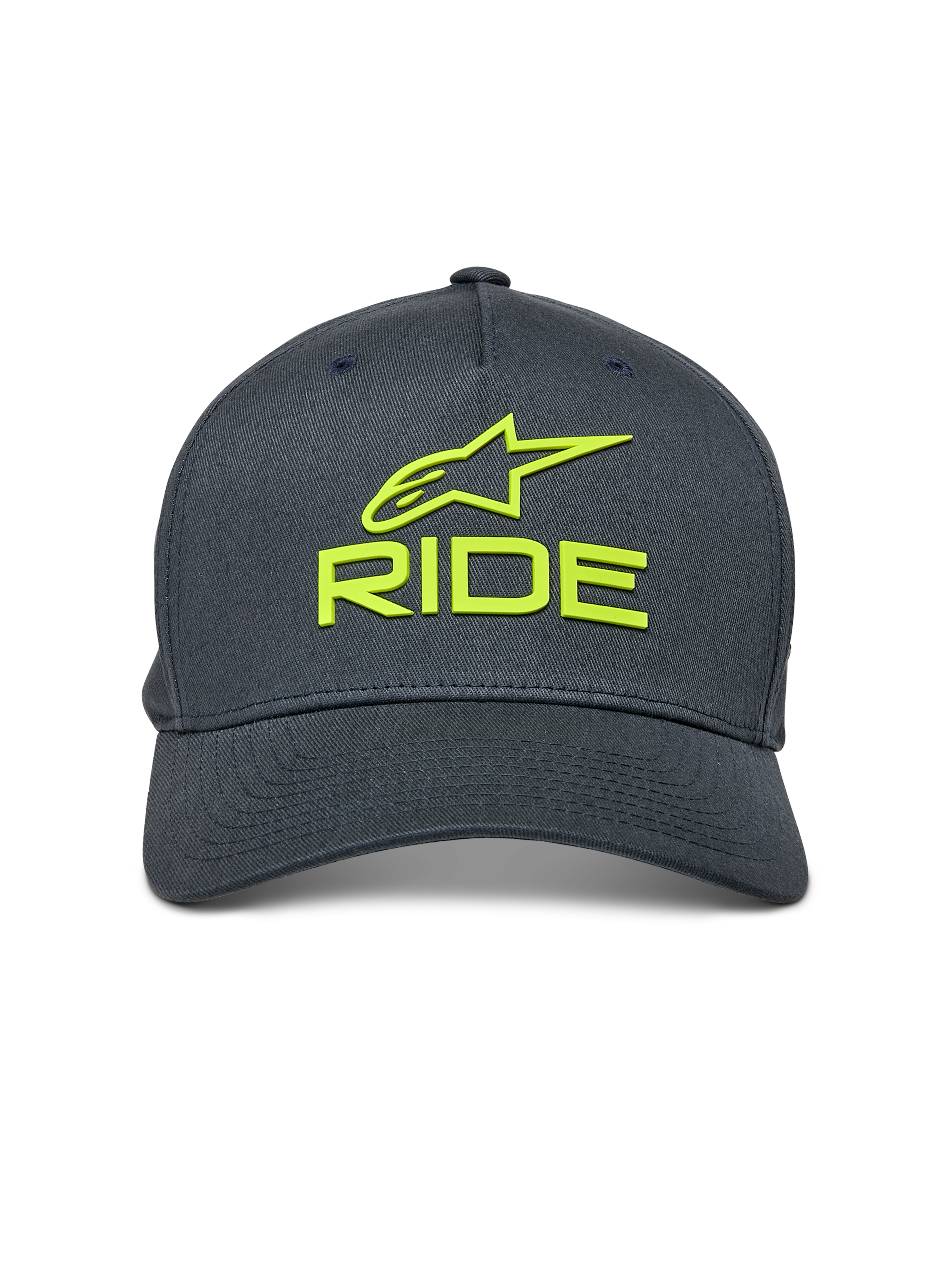 Alpinestars Ride Sonic pet, antracietgrijs met Hi-Vis geel, 3D-geborduurd Alpinestars-logo en RIDE-tekst, gebogen klep, gestructureerde kroon, casual motorsport-geïnspireerde hoofdbedekking