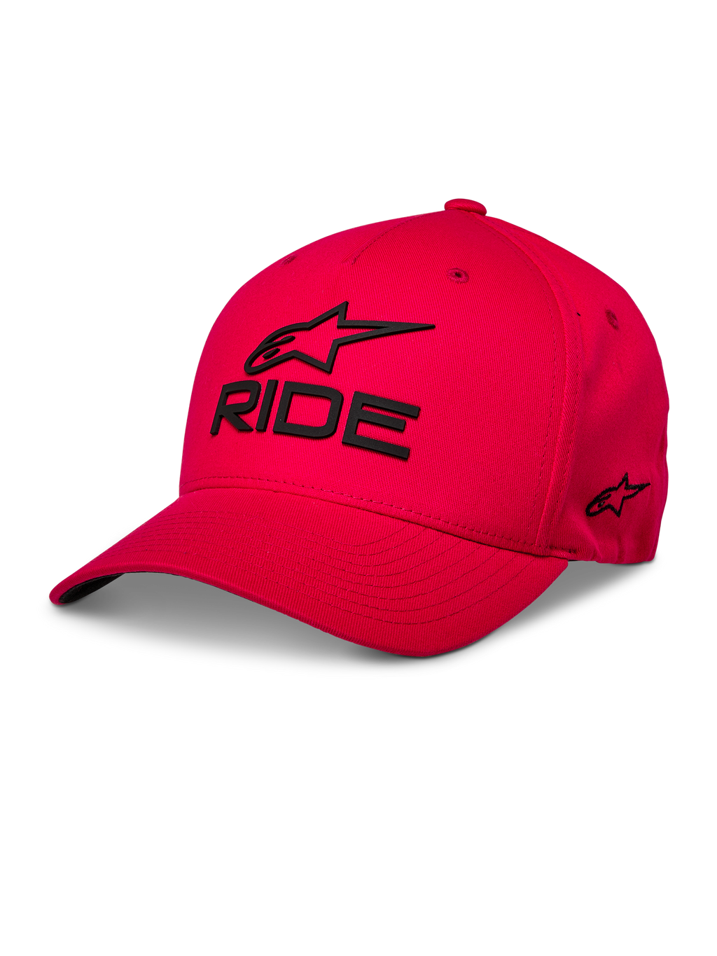 Alpinestars Ride Sonic pet, rode baseballcap, zwart 3D-geborduurd 'RIDE' en Alpinestars-logo, gebogen klep, gestructureerde kroon, casual motorsport streetwear