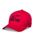 Alpinestars Ride Sonic pet, rode baseballcap, zwart 3D-geborduurd 'RIDE' en Alpinestars-logo, gebogen klep, gestructureerde kroon, casual motorsport streetwear