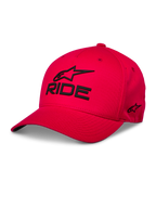 Alpinestars Ride Sonic pet, rode baseballcap, zwart 3D-geborduurd 'RIDE' en Alpinestars-logo, gebogen klep, gestructureerde kroon, casual motorsport streetwear