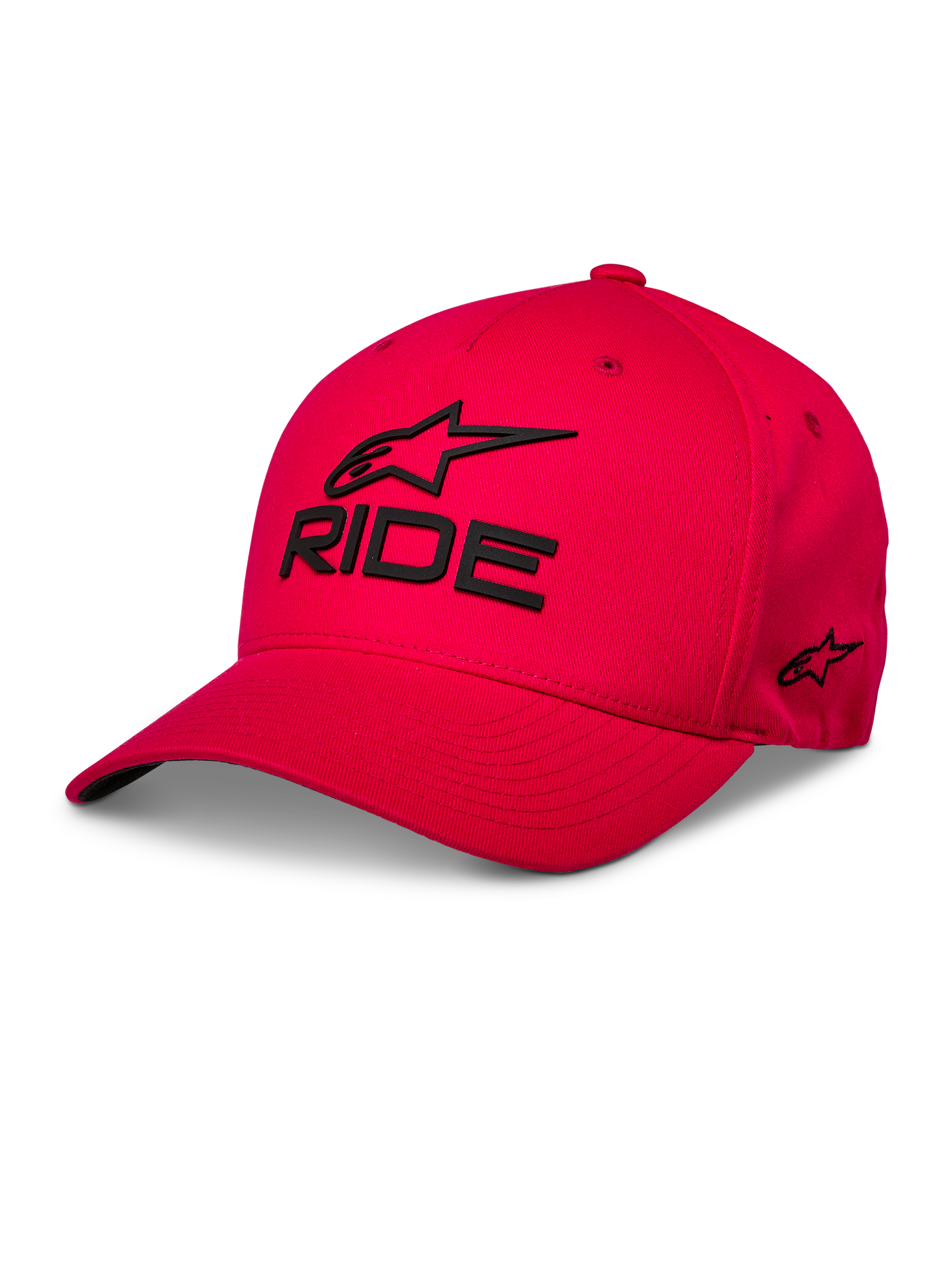 Alpinestars Ride Sonic pet, rode baseballcap, zwart 3D-geborduurd 'RIDE' en Alpinestars-logo, gebogen klep, gestructureerde kroon, casual motorsport streetwear