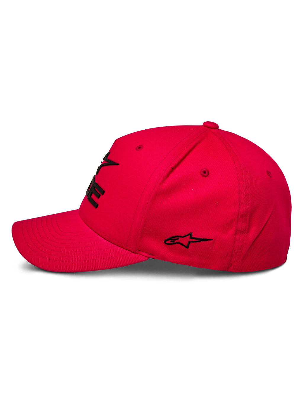 Alpinestars Ride Sonic pet, sportswear pet, rood, zijprofiel met gebogen klep en gestructureerde kroon, zwart 3D geborduurd logo en sterdetail, casual motorsport-geïnspireerd ontwerp