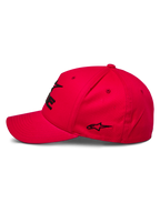 Alpinestars Ride Sonic pet, sportswear pet, rood, zijprofiel met gebogen klep en gestructureerde kroon, zwart 3D geborduurd logo en sterdetail, casual motorsport-geïnspireerd ontwerp