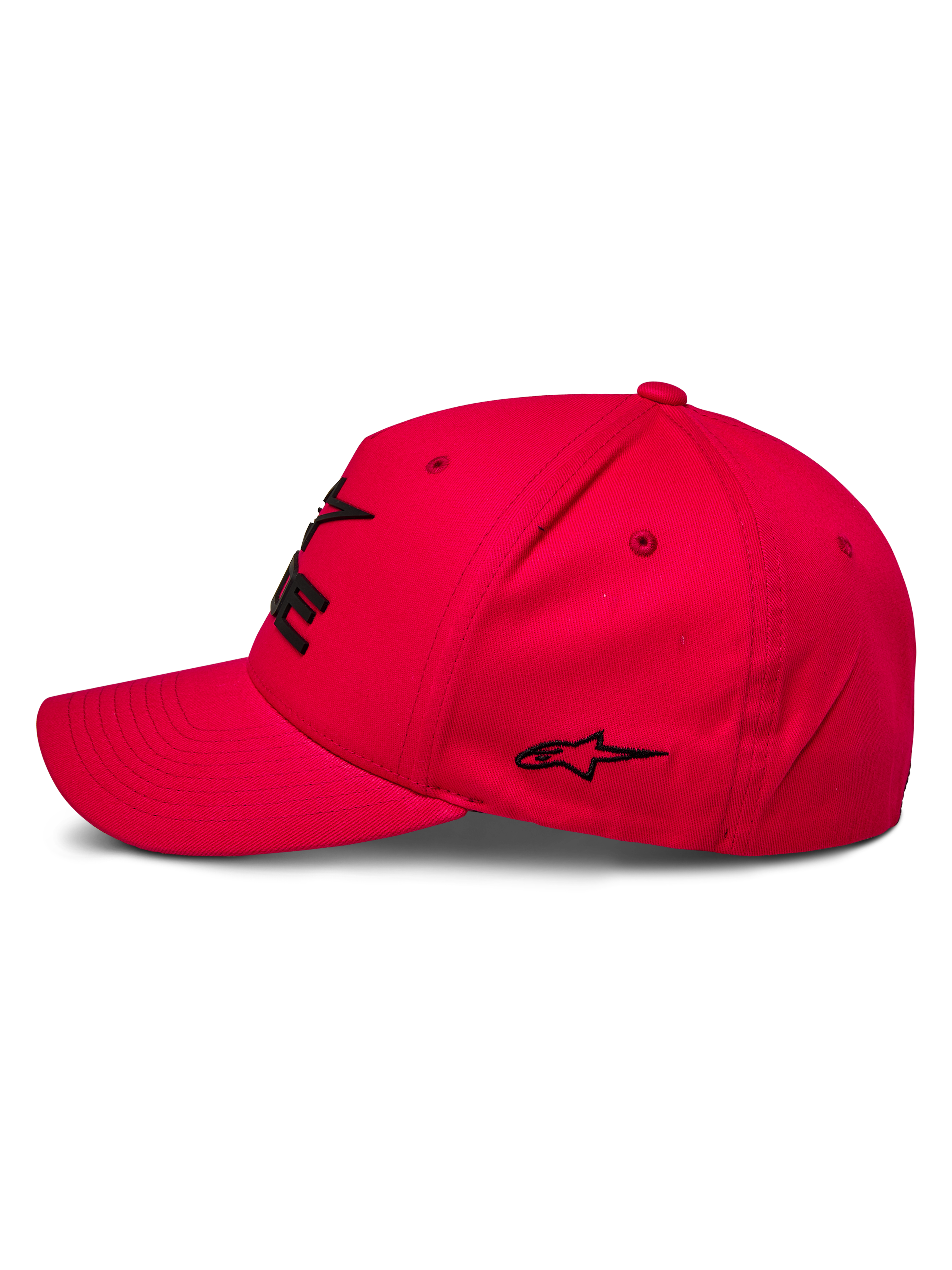 Alpinestars Ride Sonic pet, sportswear pet, rood, zijprofiel met gebogen klep en gestructureerde kroon, zwart 3D geborduurd logo en sterdetail, casual motorsport-geïnspireerd ontwerp