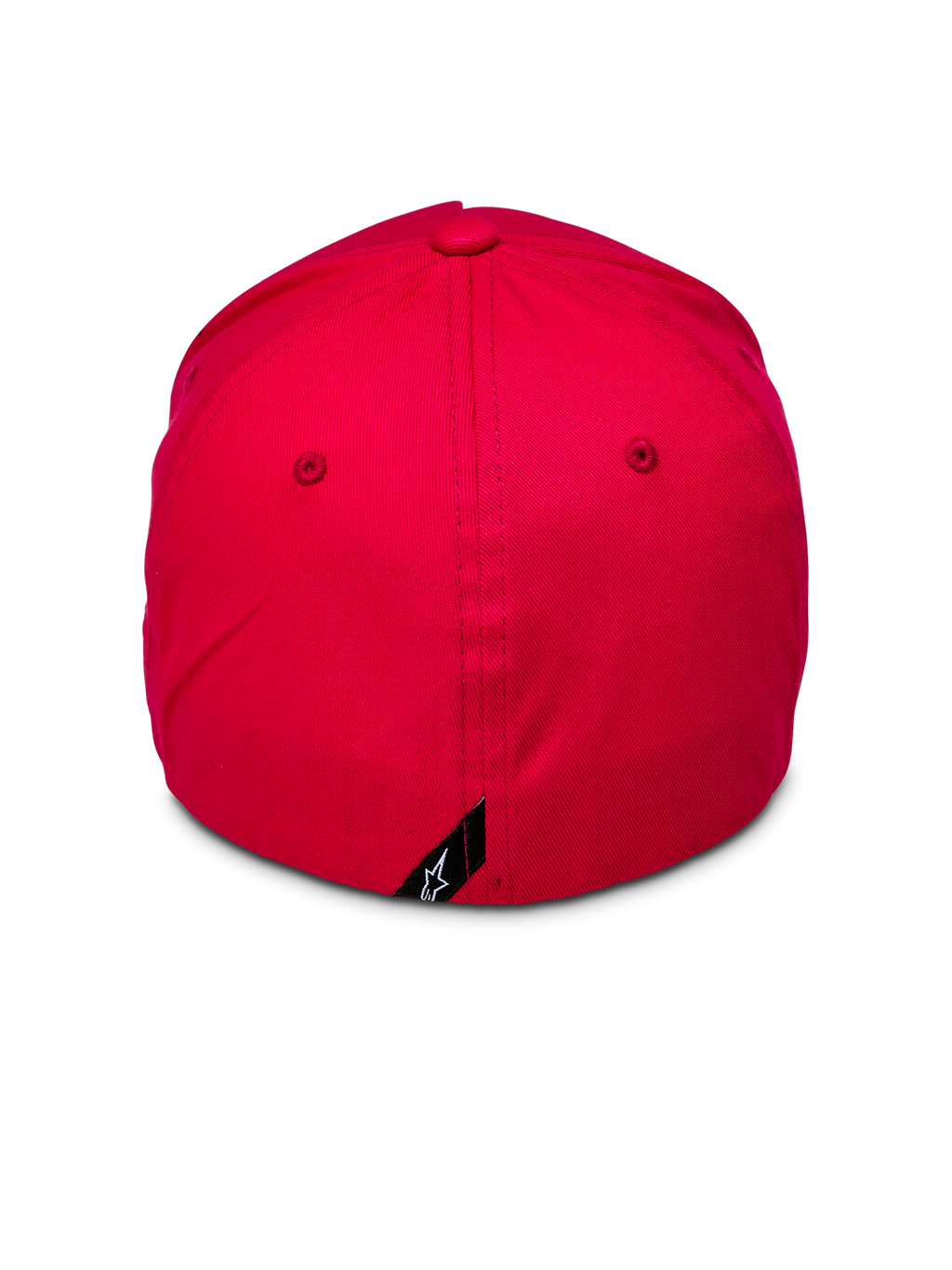 Alpinestars Ride Sonic pet, achteraanzicht van rode baseballcap, gestructureerde kroon met flexibele achterkant, klein zwart label met wit Alpinestars sterlogo aan de achterzijde, casual rode stretch keperstof pet