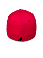 Alpinestars Ride Sonic pet, achteraanzicht van rode baseballcap, gestructureerde kroon met flexibele achterkant, klein zwart label met wit Alpinestars sterlogo aan de achterzijde, casual rode stretch keperstof pet