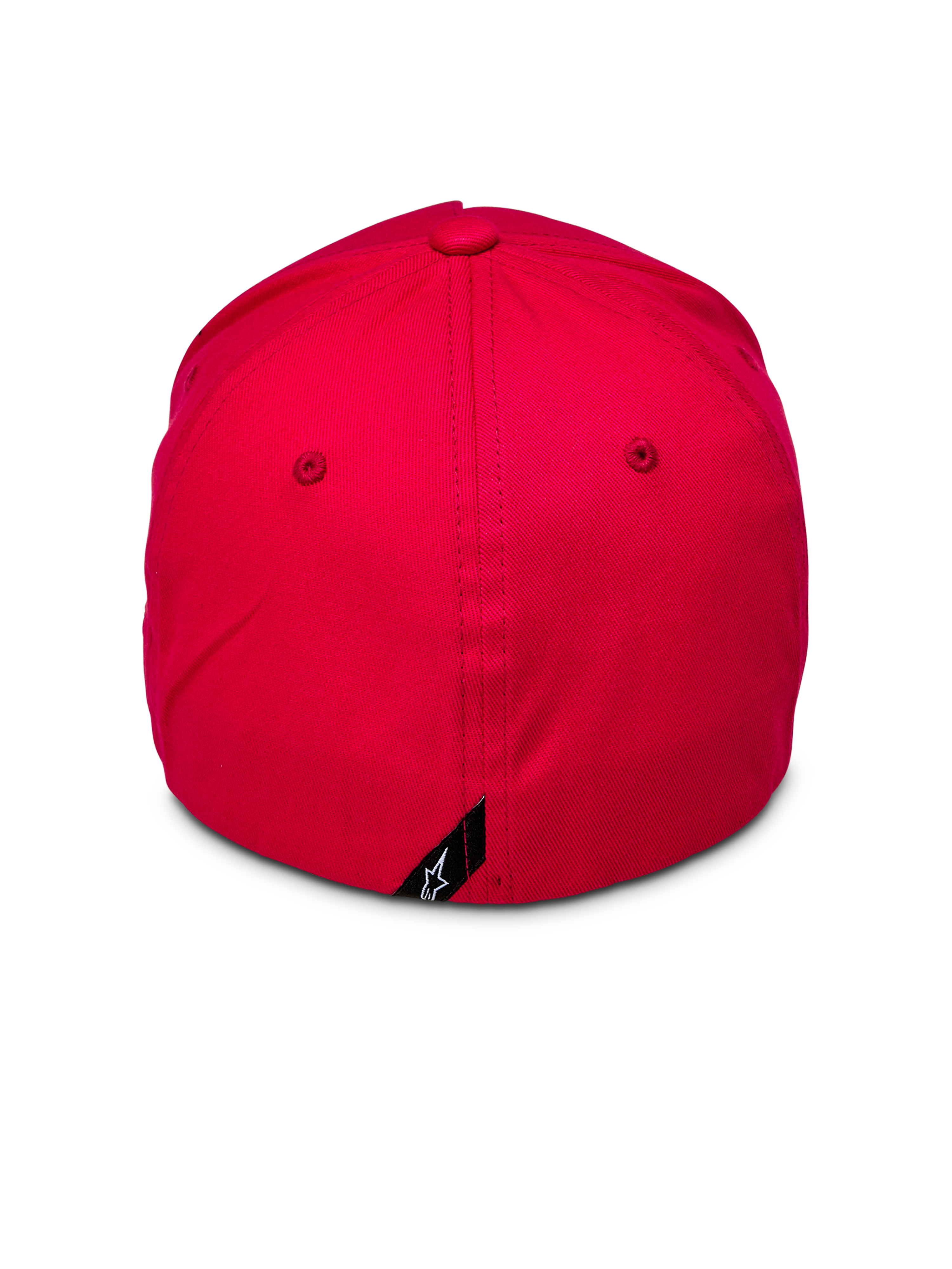 Alpinestars Ride Sonic pet, achteraanzicht van rode baseballcap, gestructureerde kroon met flexibele achterkant, klein zwart label met wit Alpinestars sterlogo aan de achterzijde, casual rode stretch keperstof pet