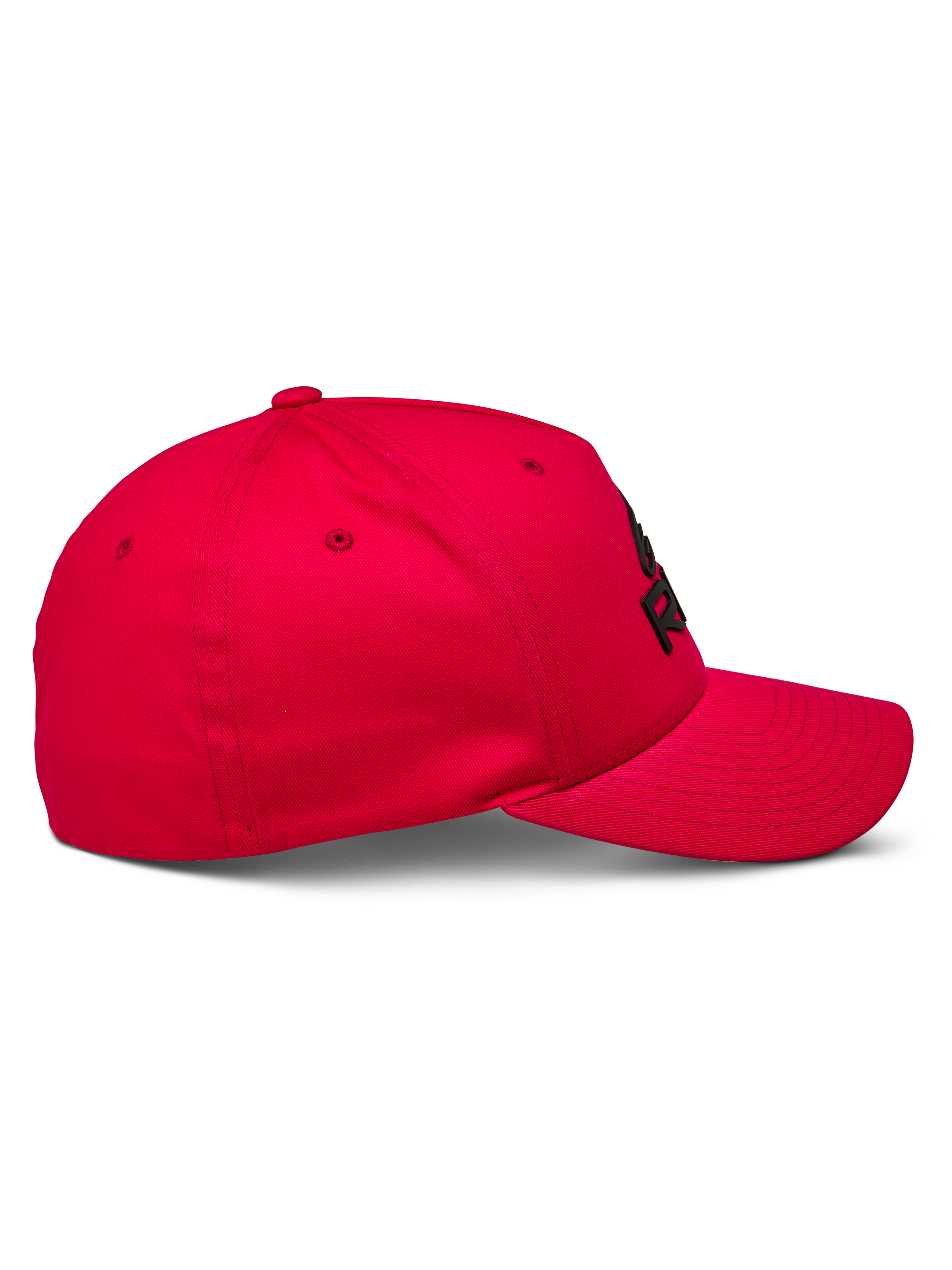 Alpinestars Ride Sonic pet, pet met gebogen klep, rood, zijaanzicht, gestructureerde kroon met zwart 3D-geborduurd logo, casual sportkledingaccessoire