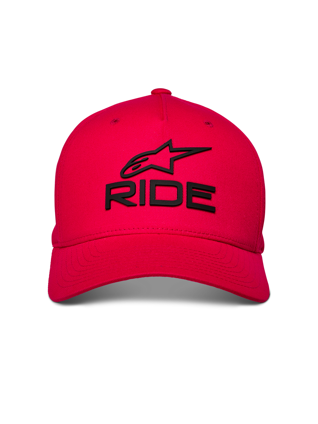 Alpinestars Ride Sonic pet, rode baseballcap, zwart 3D-geborduurd RIDE- en sterlogo, gebogen klep met gestructureerde kroon, casual motorsport-hoofddeksel