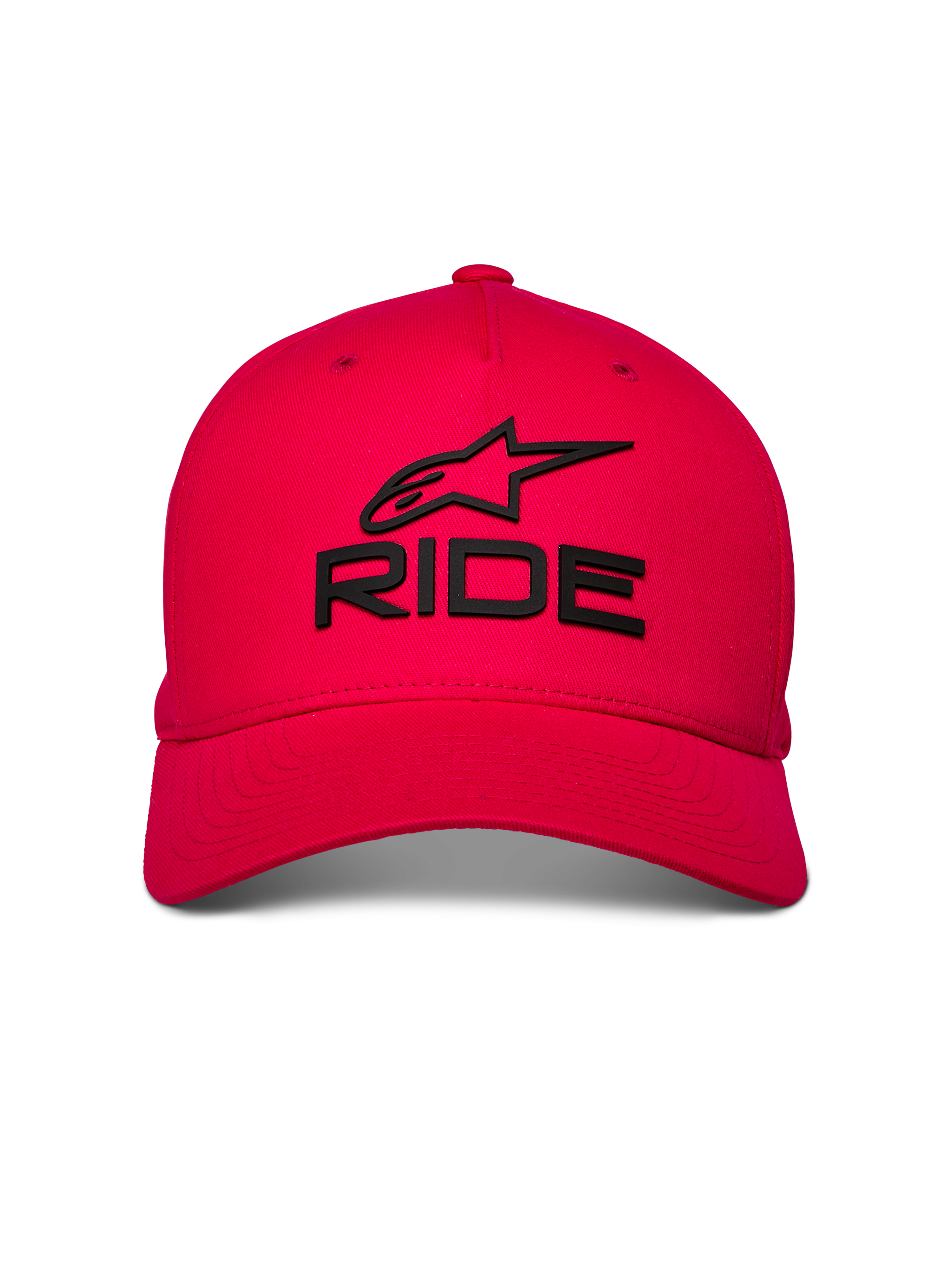 Alpinestars Ride Sonic pet, rode baseballcap, zwart 3D-geborduurd RIDE- en sterlogo, gebogen klep met gestructureerde kroon, casual motorsport-hoofddeksel