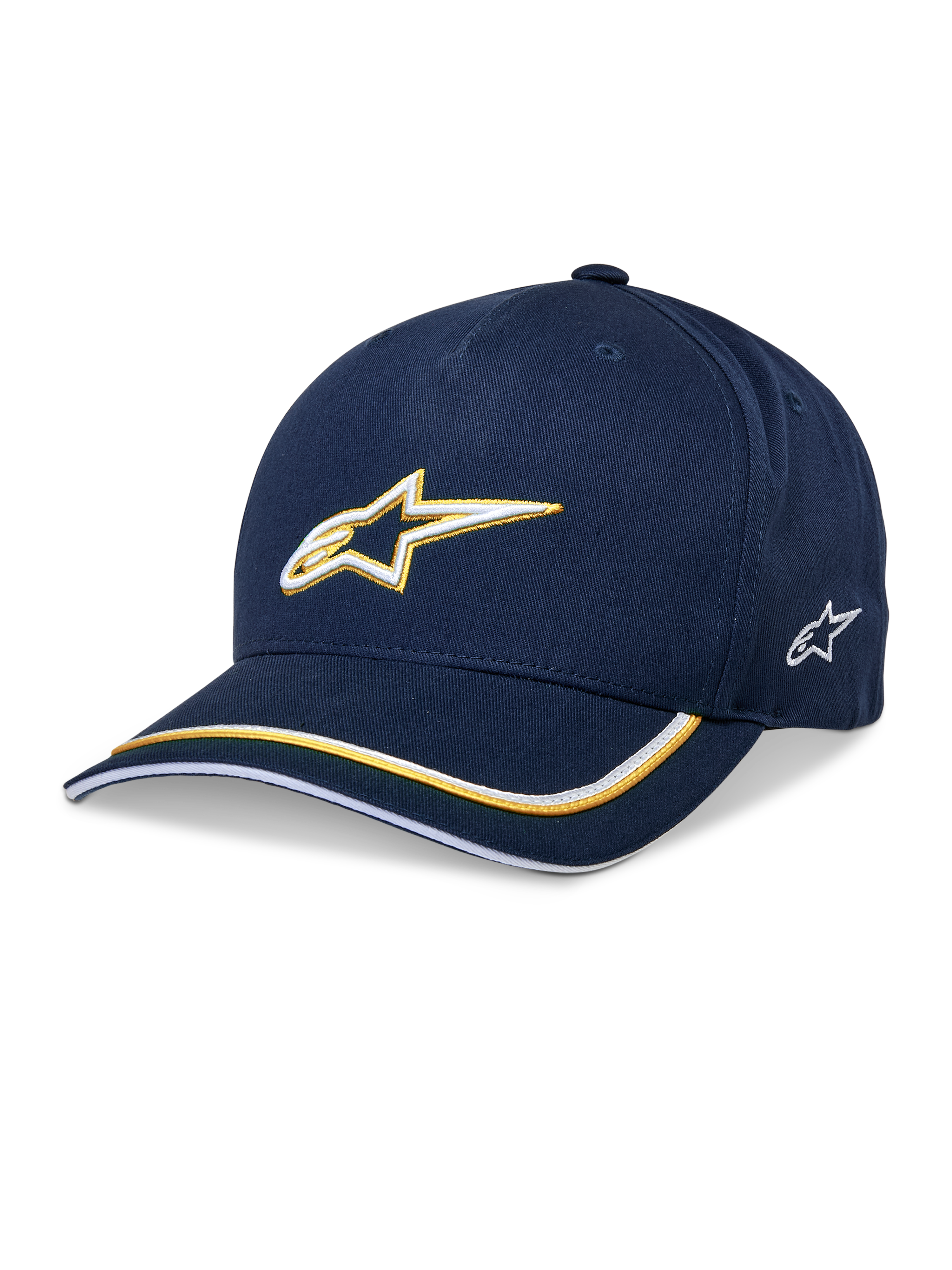 Alpinestars Ascension Snapback pet, baseballcap, donkerblauw en goud, 3D-geborduurd Astars-logo, gebogen klep met gele en witte strepen, casual motorsport-headwear