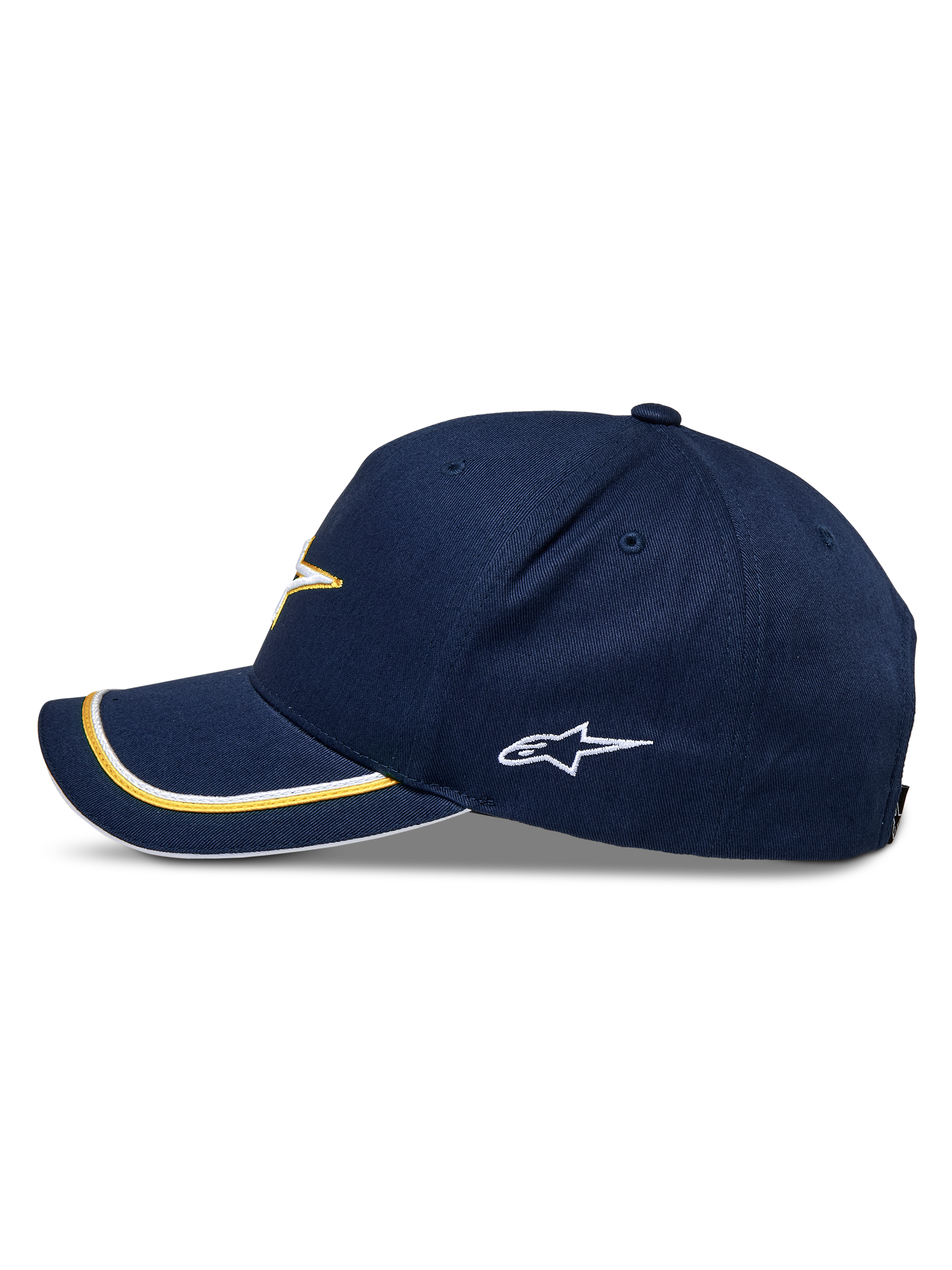 Alpinestars Ascension Snapback pet, marineblauw en goud, zijaanzicht met gebogen klep voorzien van goud en witte dubbele sutache-afwerking, geborduurd logo aan de zijkant, casual motorsport streetwear