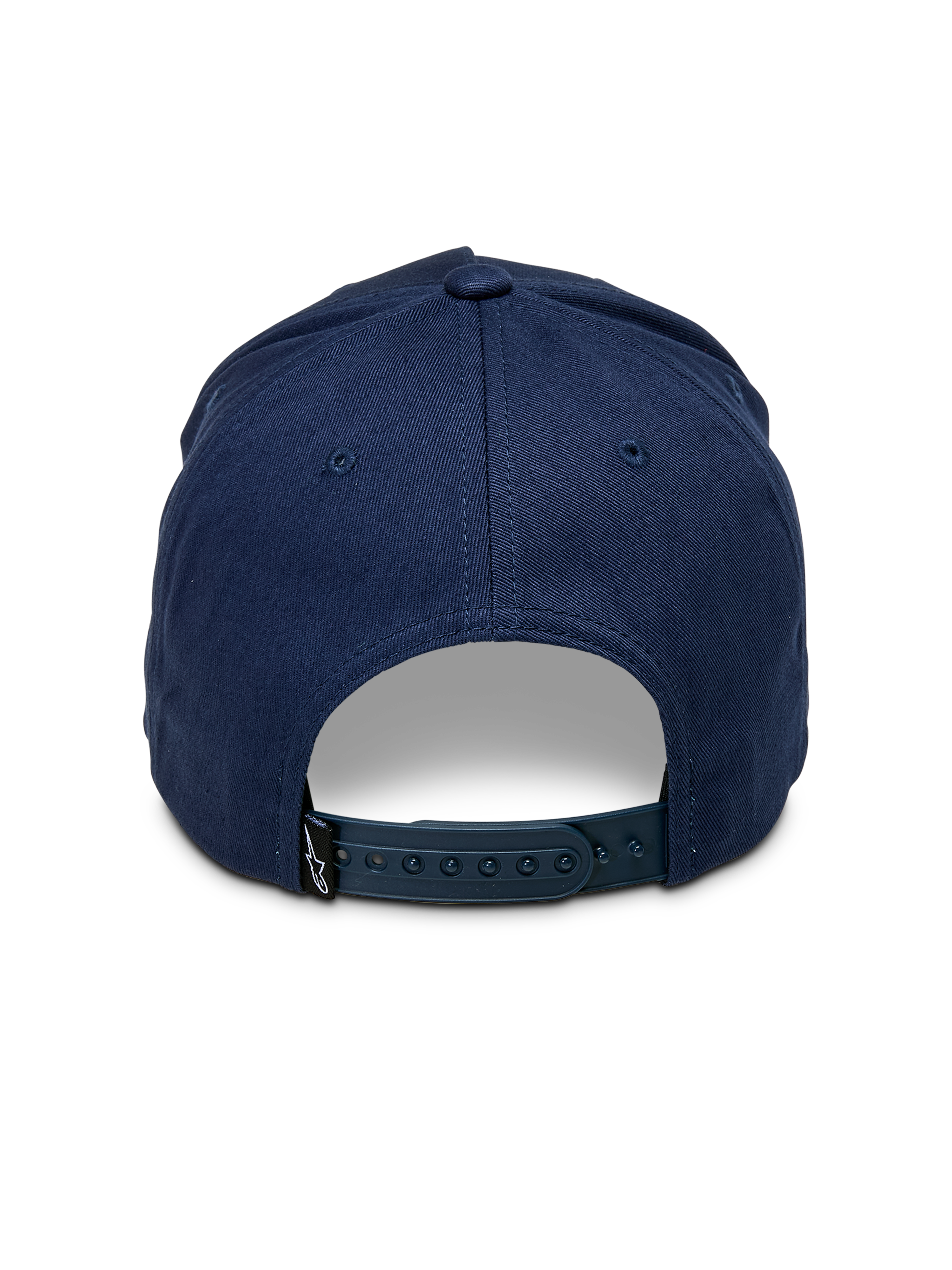 Alpinestars Ascension Snapback pet, marineblauw, achteraanzicht met verstelbare snapback-sluiting en gestructureerde kroon, klein zwart Astars-logolabel, casual motorsport streetwear