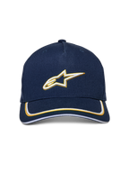 Alpinestars Ascension Snapback pet, marineblauw en goud, 3D-geborduurd wit en goud Astars-logo, gebogen klep met dubbele sutache-afwerking, casual motorsport-geïnspireerde hoofdbedekking