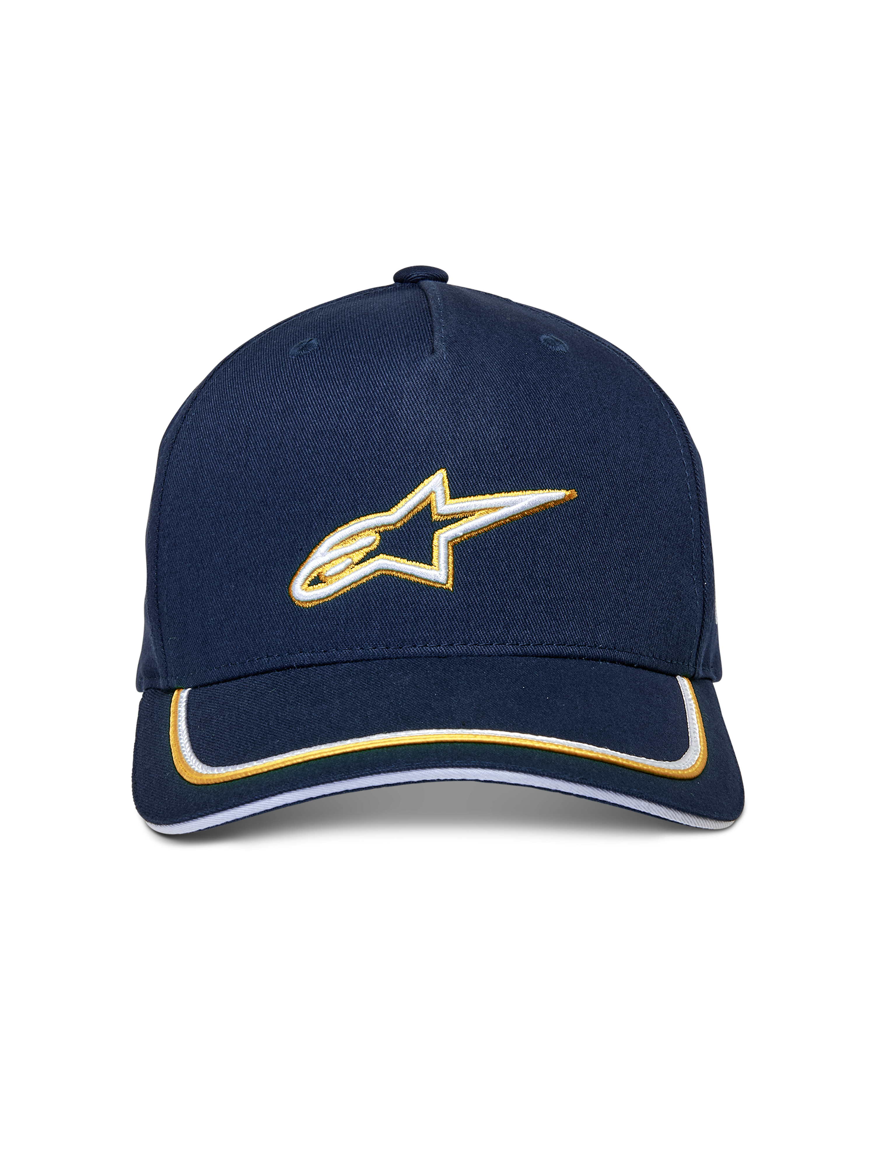 Alpinestars Ascension Snapback pet, marineblauw en goud, 3D-geborduurd wit en goud Astars-logo, gebogen klep met dubbele sutache-afwerking, casual motorsport-geïnspireerde hoofdbedekking