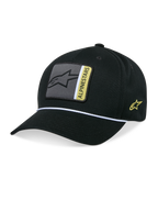 Alpinestars Specific Snapback pet, zwarte baseballcap met gebogen klep en wit gevlochten koordafwerking, grijze en gele logopatch op de voorzijde, geel geborduurd logo aan de zijkant, gestructureerde kroon, casual motorsport-geïnspireerde hoofdbedekking