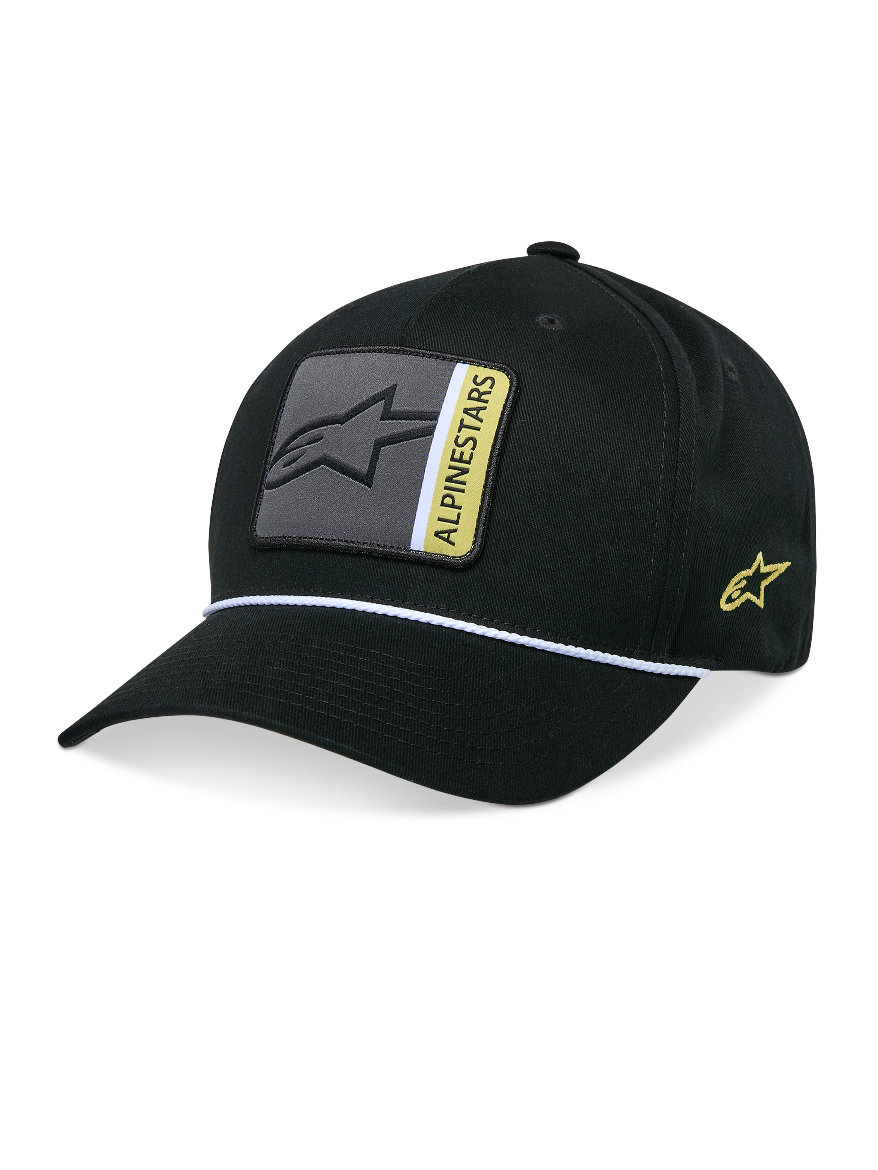 Alpinestars Specific Snapback pet, zwarte baseballcap met gebogen klep en wit gevlochten koordafwerking, grijze en gele logopatch op de voorzijde, geel geborduurd logo aan de zijkant, gestructureerde kroon, casual motorsport-geïnspireerde hoofdbedekking