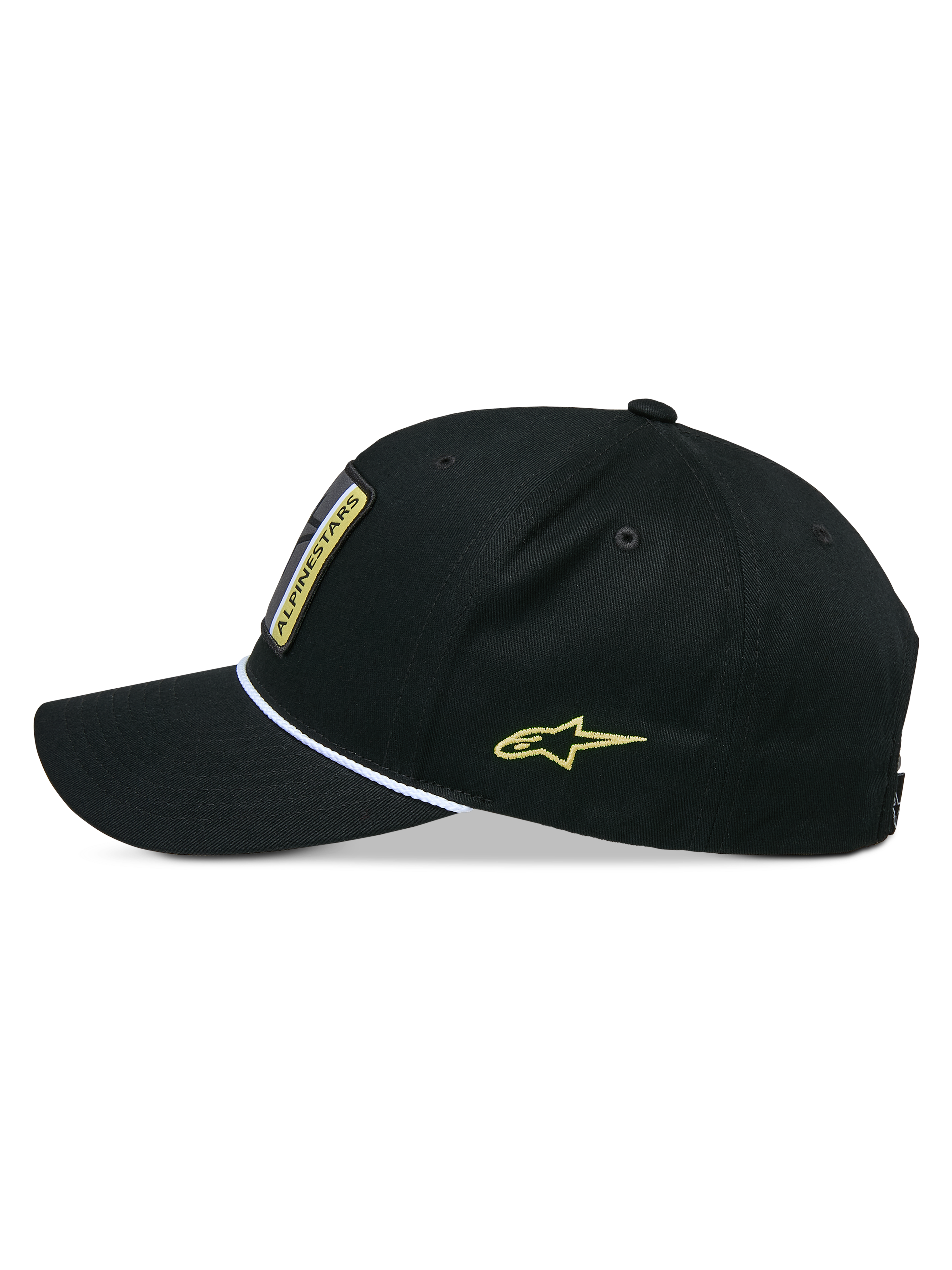 Alpinestars Specific Snapback pet, snapback pet, zwart, zijaanzicht met gebogen klep en witte gevlochten koordafwerking, geel geborduurd Astars-logo op de zijkant, gestructureerde kroon, casual hoofddeksel