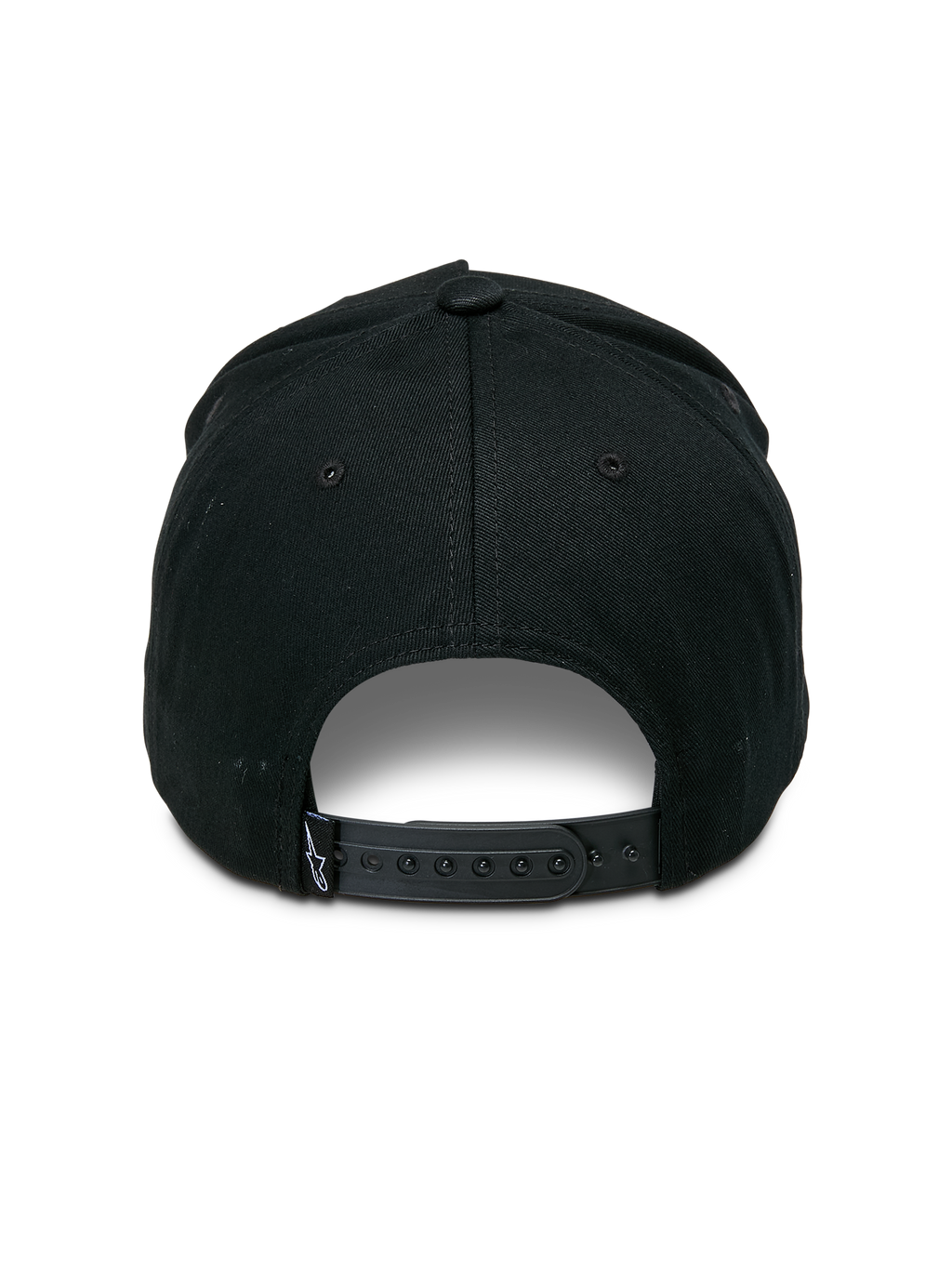 Alpinestars Specific Snapback pet, zwart, achteraanzicht met verstelbare plastic snapback-sluiting en klein wit Astars-logo op het label aan de achterkant, gestructureerde kroon, casual motorsport pet