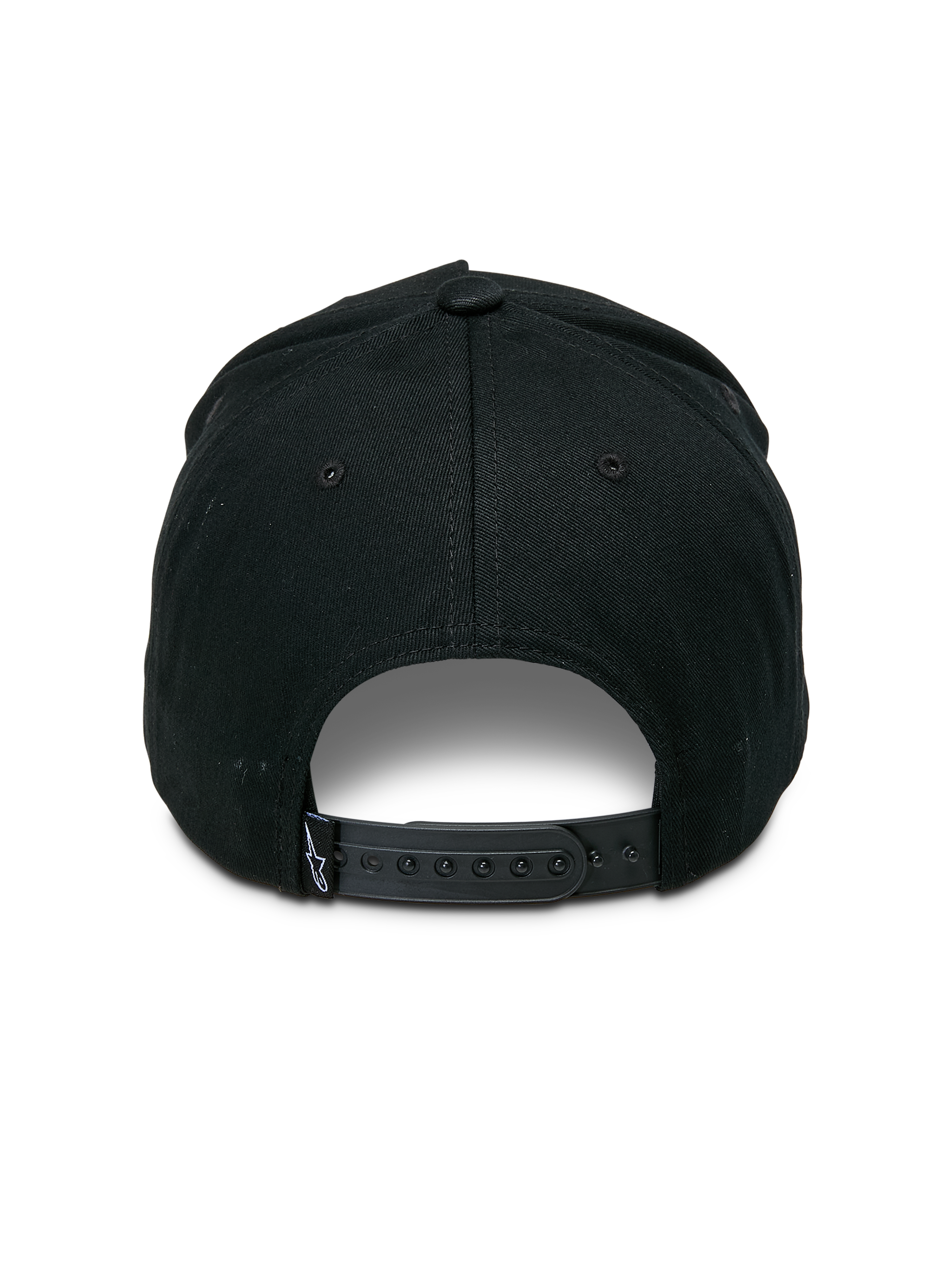 Alpinestars Specific Snapback pet, zwart, achteraanzicht met verstelbare plastic snapback-sluiting en klein wit Astars-logo op het label aan de achterkant, gestructureerde kroon, casual motorsport pet