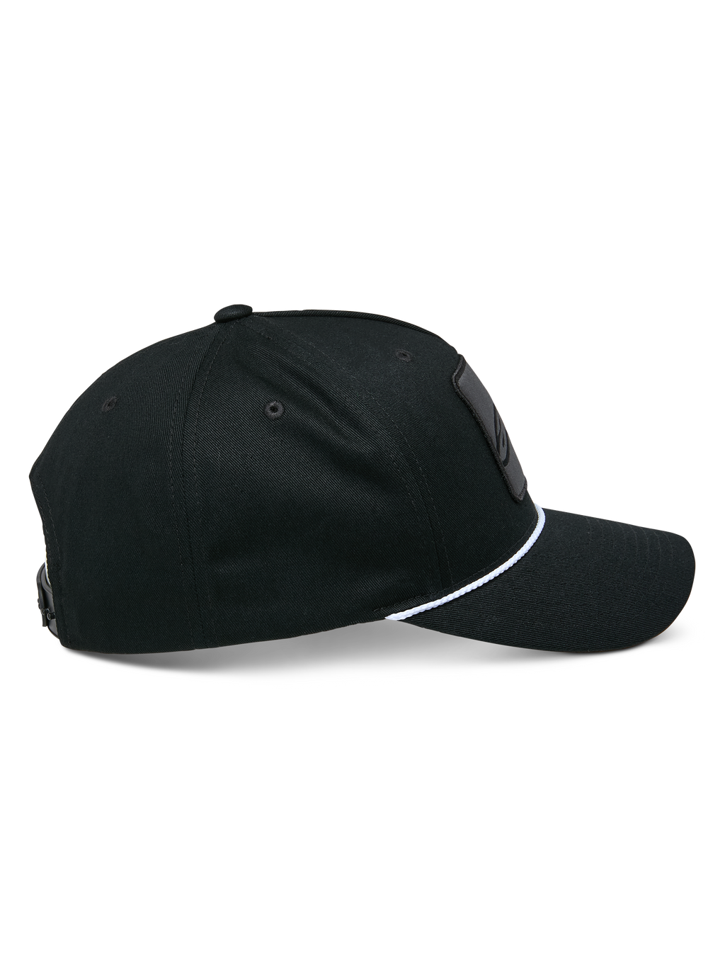 Alpinestars Specific Snapback pet, zwart, zijaanzicht met gebogen klep en witte gevlochten koordafwerking, gestructureerde kroon, casual motorsport hoofdbedekking