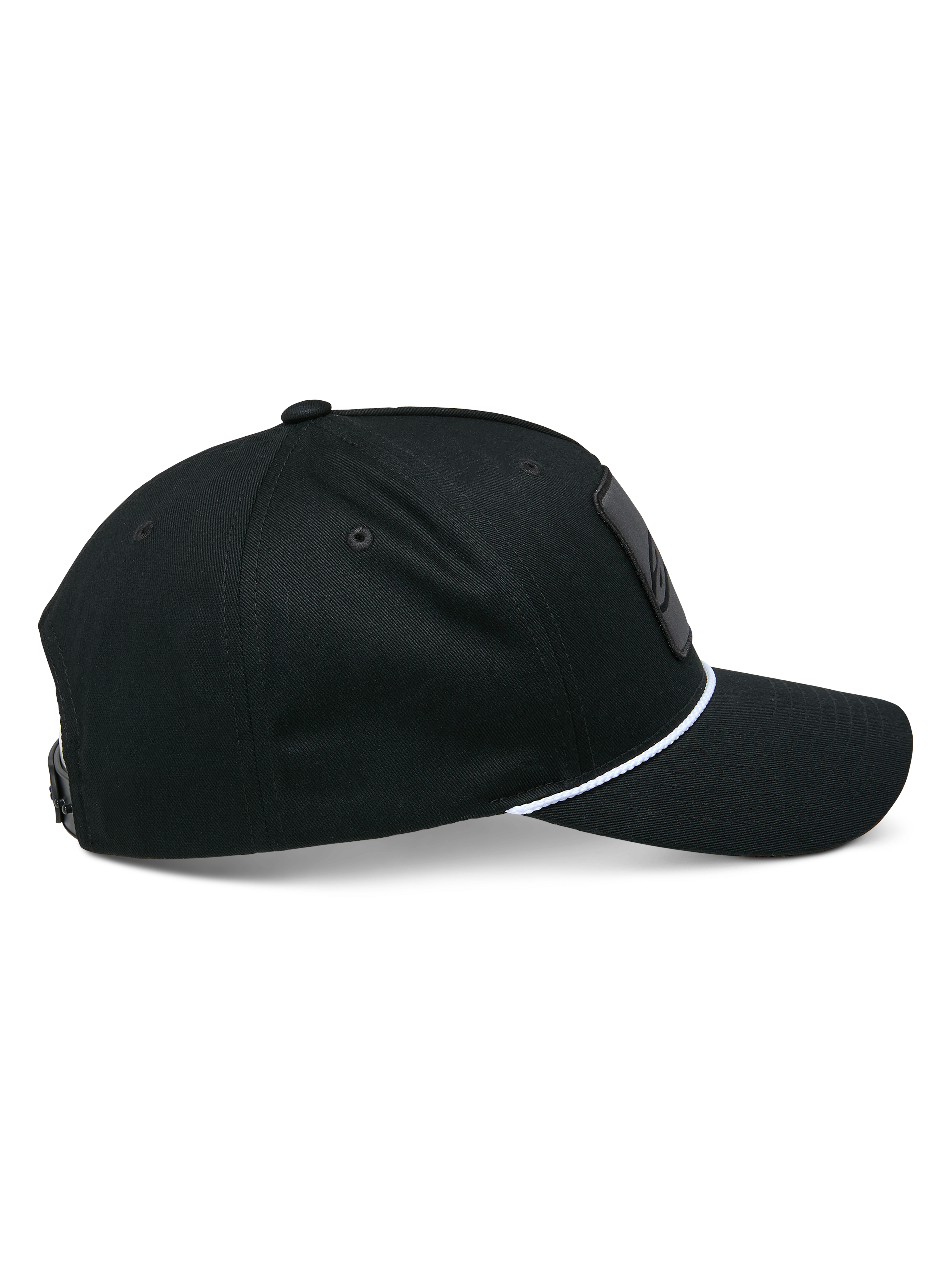 Alpinestars Specific Snapback pet, zwart, zijaanzicht met gebogen klep en witte gevlochten koordafwerking, gestructureerde kroon, casual motorsport hoofdbedekking