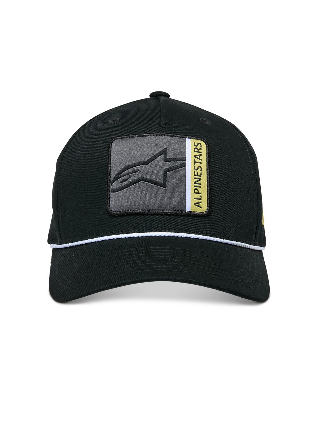 Alpinestars Specific Snapback pet, zwart, meerkleurige Astars logopatch op de voorkant met grijze en gele details, wit gevlochten koordafwerking, gebogen klep, gestructureerde kroon, casual streetwear