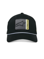 Alpinestars Specific Snapback pet, zwart, meerkleurige Astars logopatch op de voorkant met grijze en gele details, wit gevlochten koordafwerking, gebogen klep, gestructureerde kroon, casual streetwear