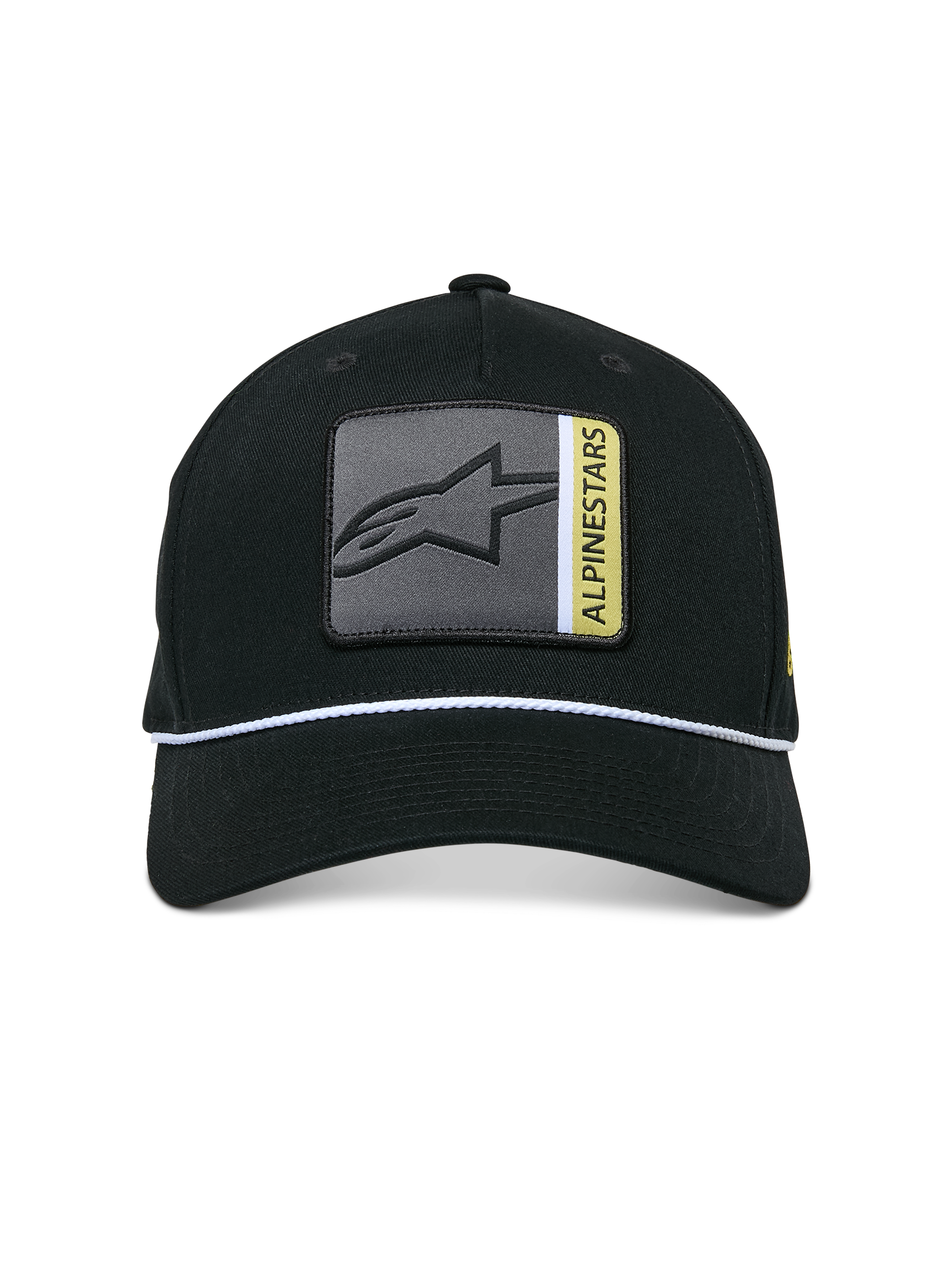 Alpinestars Specific Snapback pet, zwart, meerkleurige Astars logopatch op de voorkant met grijze en gele details, wit gevlochten koordafwerking, gebogen klep, gestructureerde kroon, casual streetwear