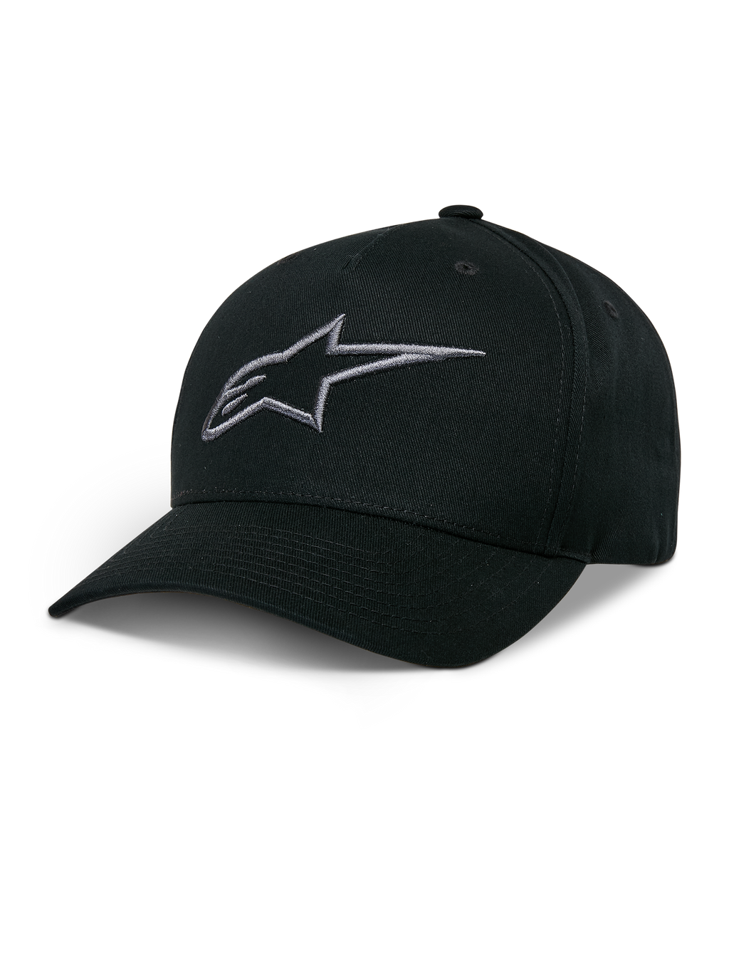 Alpinestars Ageless Snapback Pet, zwarte baseballcap met antraciet geborduurd sterlogo, gebogen klep, gestructureerde kroon, casual motorsport hoofdbedekking
