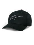 Alpinestars Ageless Snapback Pet, zwarte baseballcap met antraciet geborduurd sterlogo, gebogen klep, gestructureerde kroon, casual motorsport hoofdbedekking