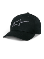 Alpinestars Ageless Snapback Pet, zwarte baseballcap met antraciet geborduurd sterlogo, gebogen klep, gestructureerde kroon, casual motorsport hoofdbedekking