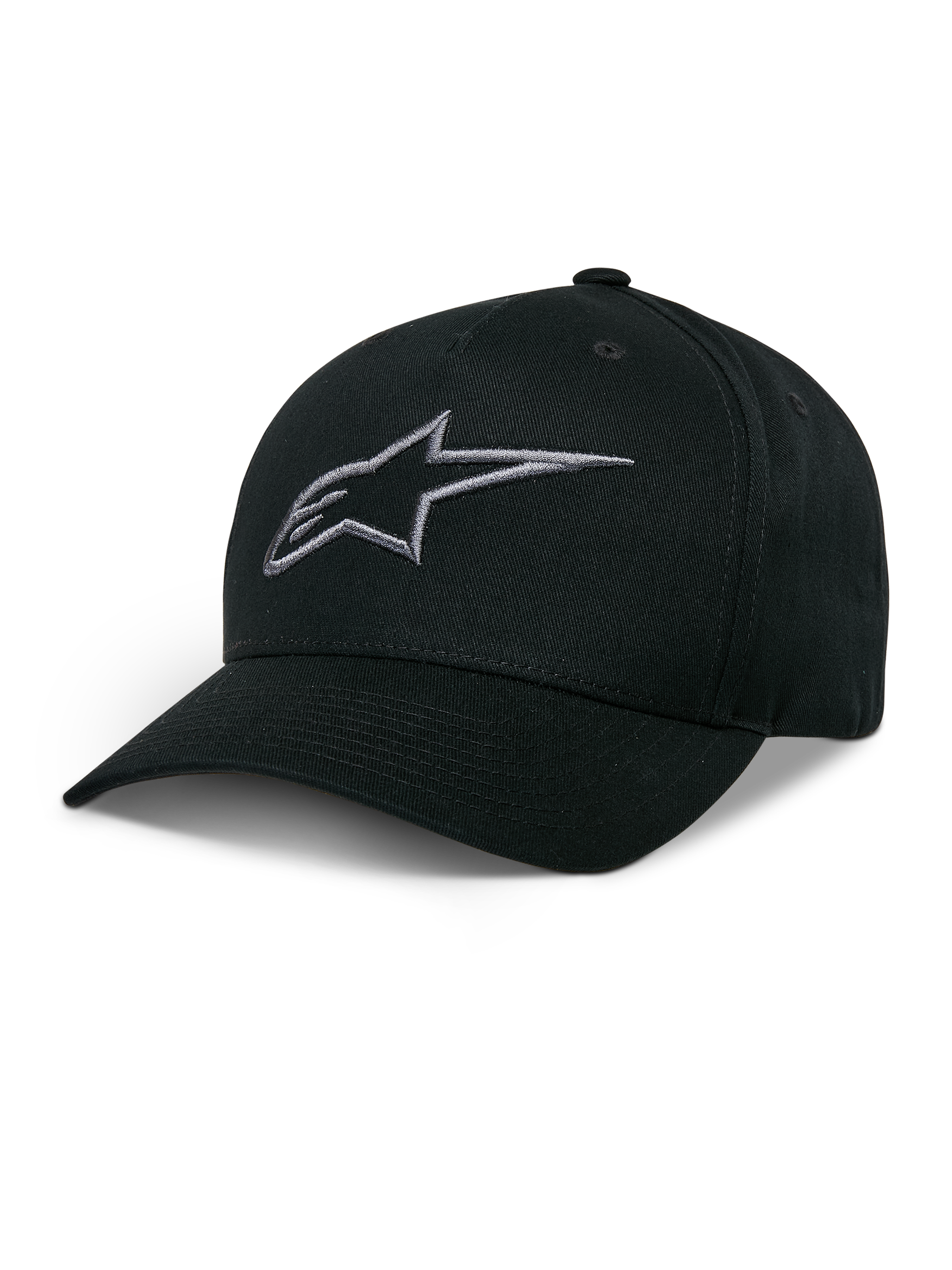 Alpinestars Ageless Snapback Pet, zwarte baseballcap met antraciet geborduurd sterlogo, gebogen klep, gestructureerde kroon, casual motorsport hoofdbedekking