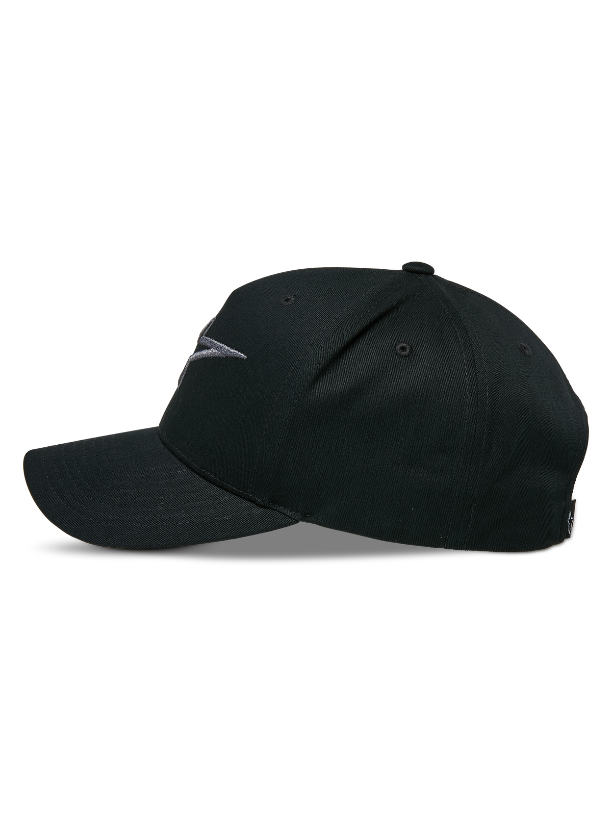 Alpinestars Ageless Snapback pet, zijaanzicht, Black Charcoal, gebogen klep met gestructureerde kroon, 3D-geborduurd logo op de voorkant, hoofdmateriaal van katoenen keperstof, casual motorsport hoofdbedekking