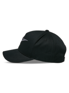 Alpinestars Ageless Snapback pet, zijaanzicht, Black Charcoal, gebogen klep met gestructureerde kroon, 3D-geborduurd logo op de voorkant, hoofdmateriaal van katoenen keperstof, casual motorsport hoofdbedekking