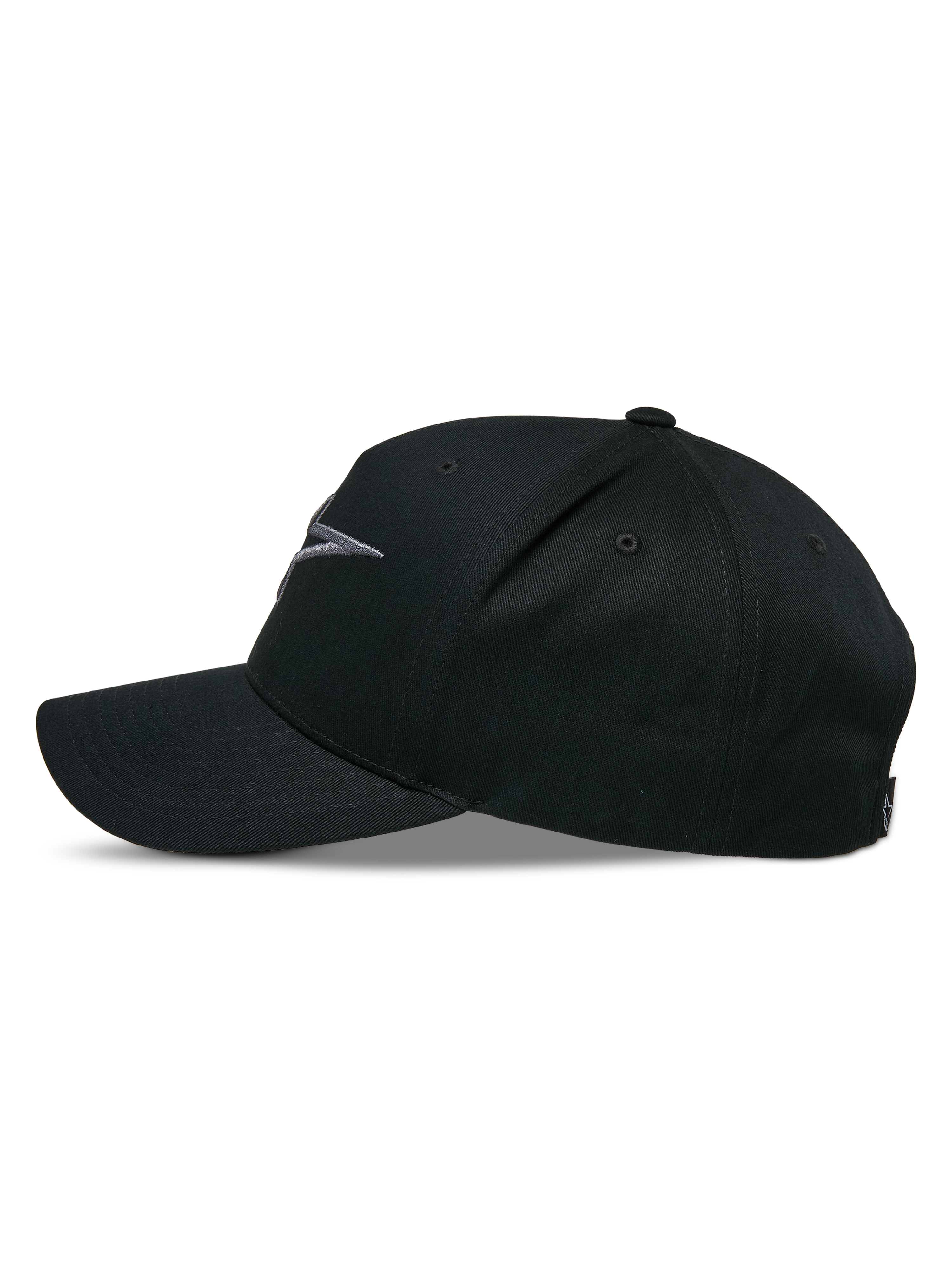 Alpinestars Ageless Snapback pet, zijaanzicht, Black Charcoal, gebogen klep met gestructureerde kroon, 3D-geborduurd logo op de voorkant, hoofdmateriaal van katoenen keperstof, casual motorsport hoofdbedekking