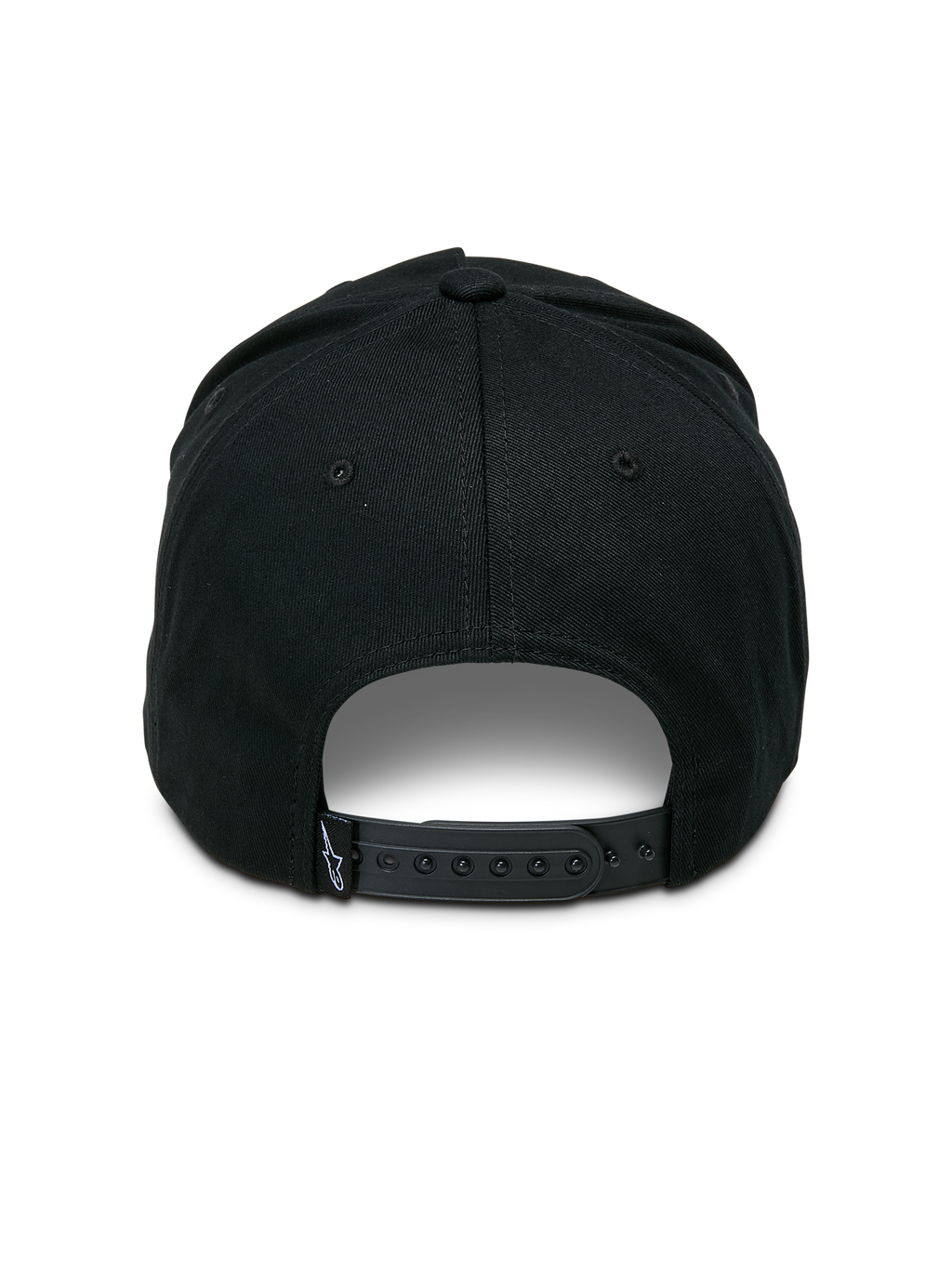 Alpinestars Ageless Snapback pet, zwart, achteraanzicht met verstelbare snapback-sluiting, klein geweven label met sterlogo, gestructureerde kroon van katoenen keperstof, casual motorsport-geïnspireerde hoofdbedekking