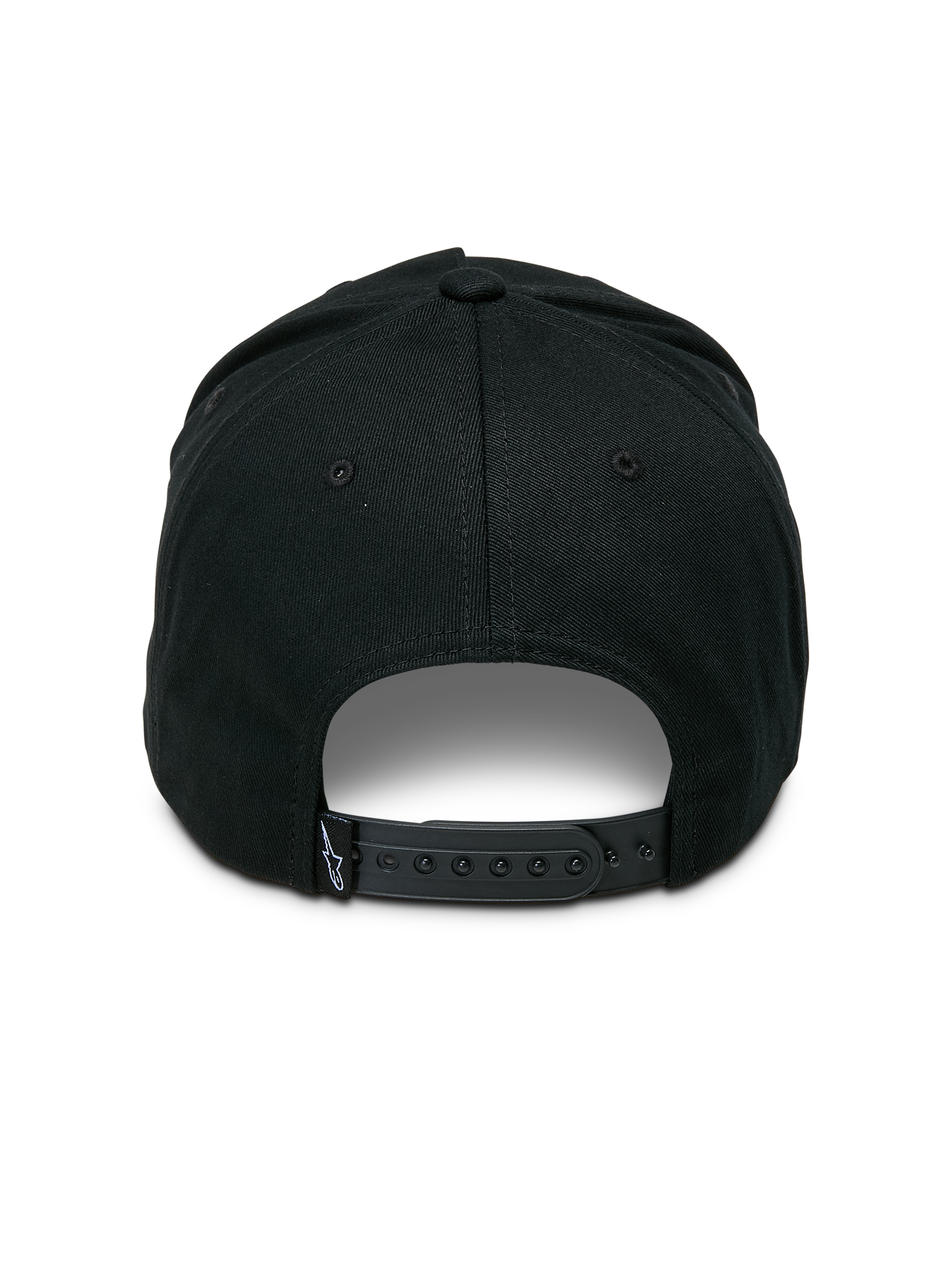Alpinestars Ageless Snapback pet, zwart, achteraanzicht met verstelbare snapback-sluiting, klein geweven label met sterlogo, gestructureerde kroon van katoenen keperstof, casual motorsport-geïnspireerde hoofdbedekking