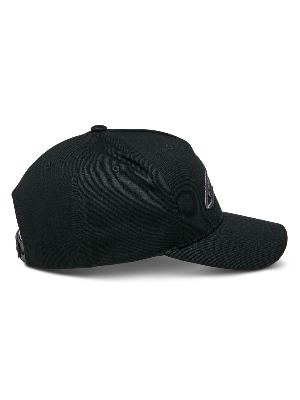 Alpinestars Ageless Snapback pet, Black Charcoal, zijaanzicht, gestructureerde kroon met een gebogen klep, verstelbare snapback, casual op de motorsport geïnspireerde pet