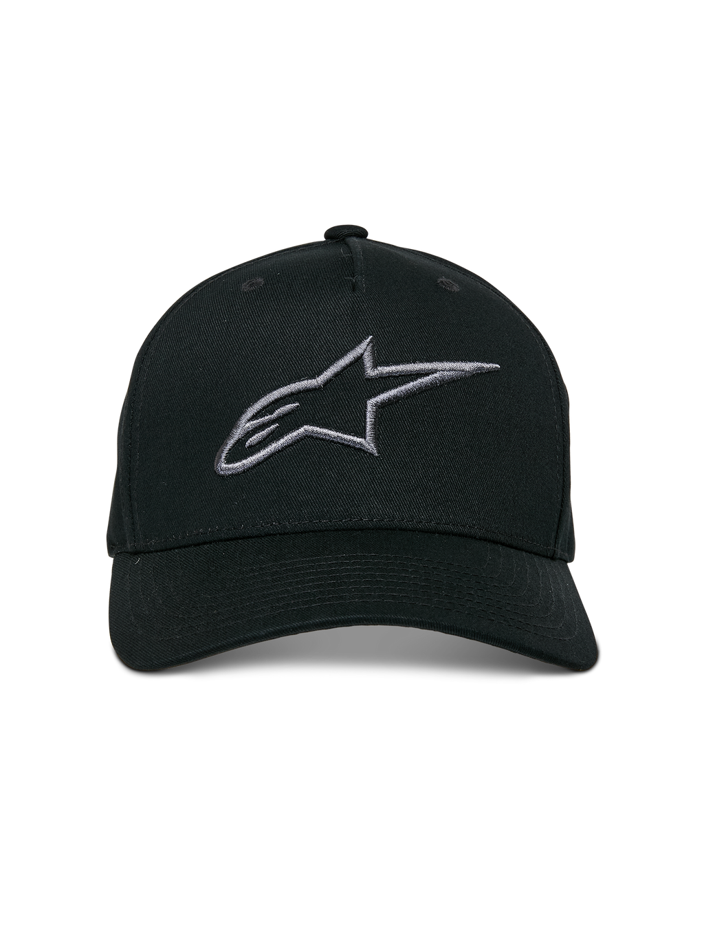 Alpinestars Ageless Snapback pet, Black Charcoal, gebogen klep, gestructureerde kroon, 3D-geborduurd lineair logo, casual motorsport-geïnspireerde hoofdbedekking