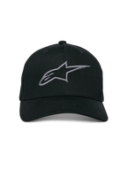 Alpinestars Ageless Snapback pet, Black Charcoal, gebogen klep, gestructureerde kroon, 3D-geborduurd lineair logo, casual motorsport-geïnspireerde hoofdbedekking