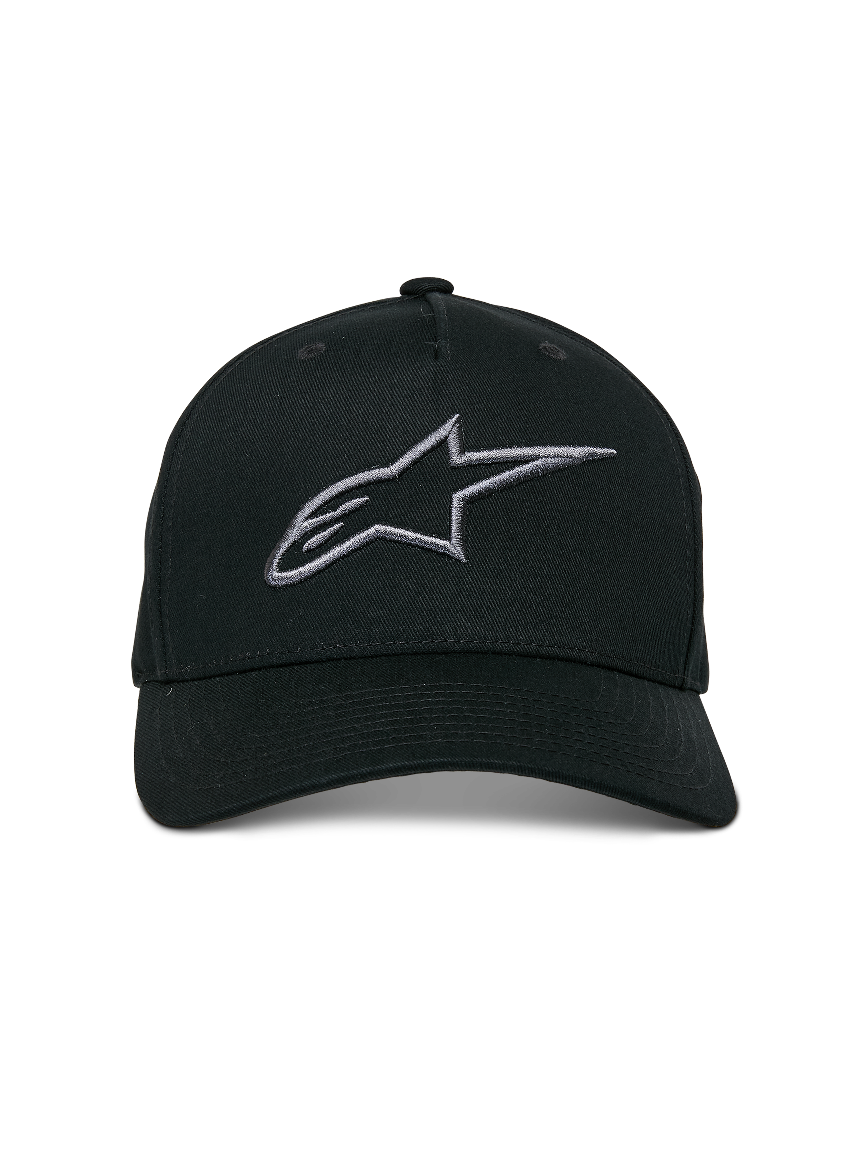 Alpinestars Ageless Snapback pet, Black Charcoal, gebogen klep, gestructureerde kroon, 3D-geborduurd lineair logo, casual motorsport-geïnspireerde hoofdbedekking