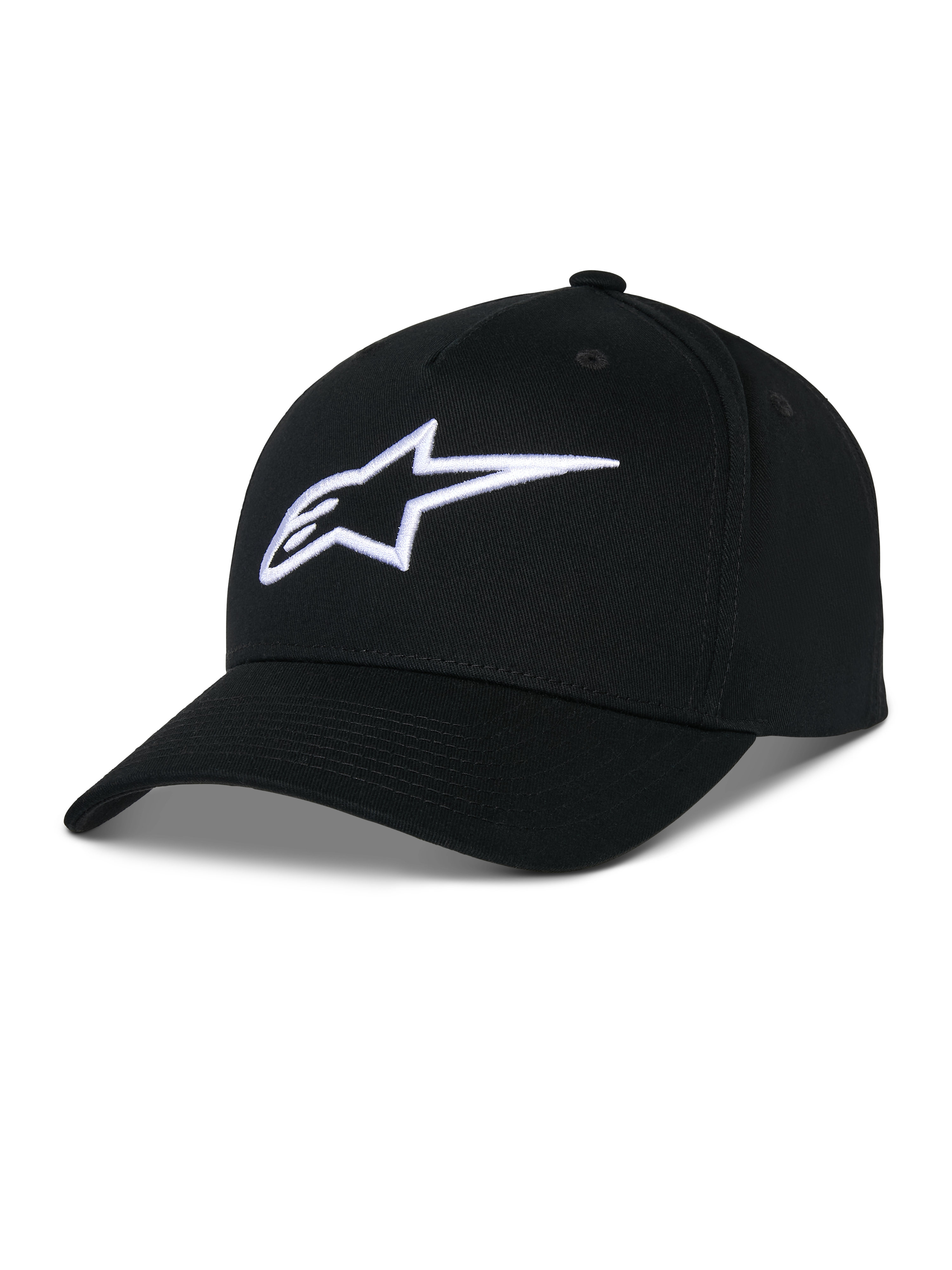 Alpinestars Ageless Snapback pet, zwarte katoenen keperstof pet, gestructureerde kroon met gebogen klep, wit 3D-geborduurd sterlogo, casual motorsport-geïnspireerde sportkleding