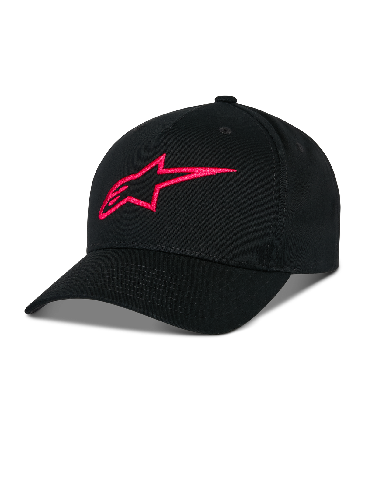 Alpinestars Ageless Snapback pet, zwart met rood 3D-geborduurd A-star logo, gestructureerde kroon met gebogen klep, katoenen keperstof, casual sportkleding accessoire